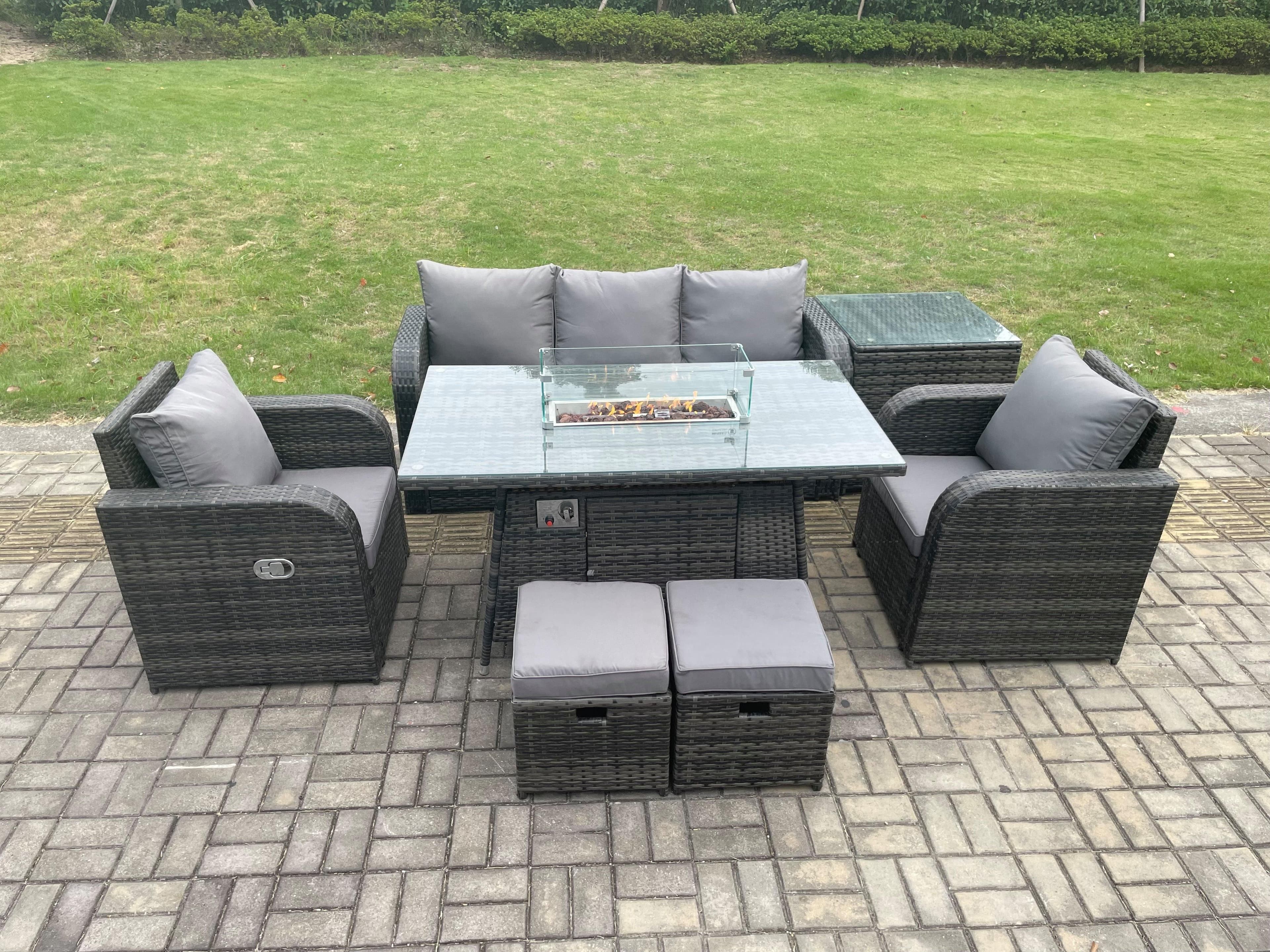 Outdoor Rattan Garden Furniture Set Propane Gas Fire Pit Table Burner Lounge Sofa Side Tables 2 Small Footstool