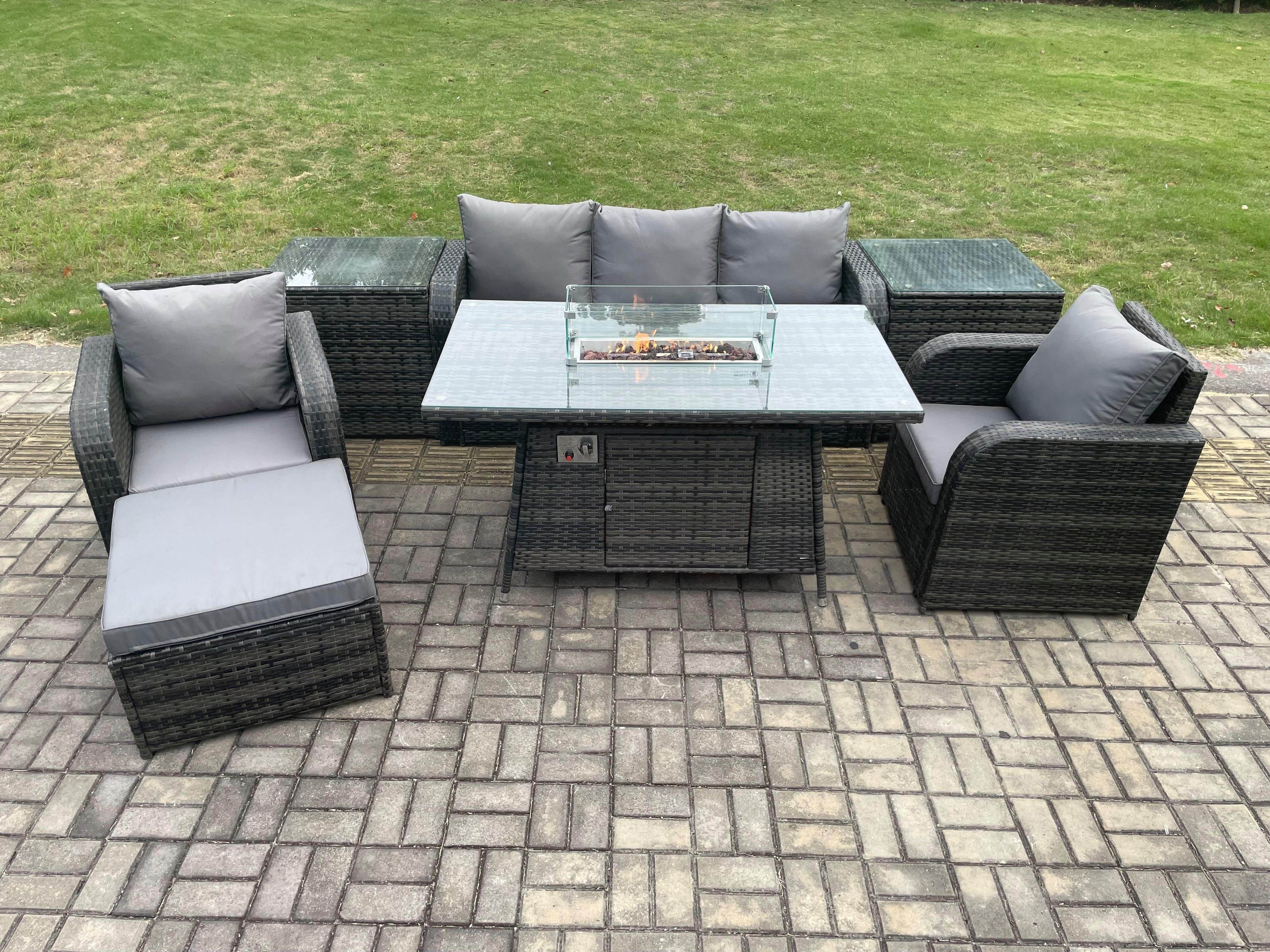 Wicker Rattan Garden Furniture Sofa Set Gas Fire Pit Dining Table Indoor Outdoor 2 Side Tables Chair Footstool