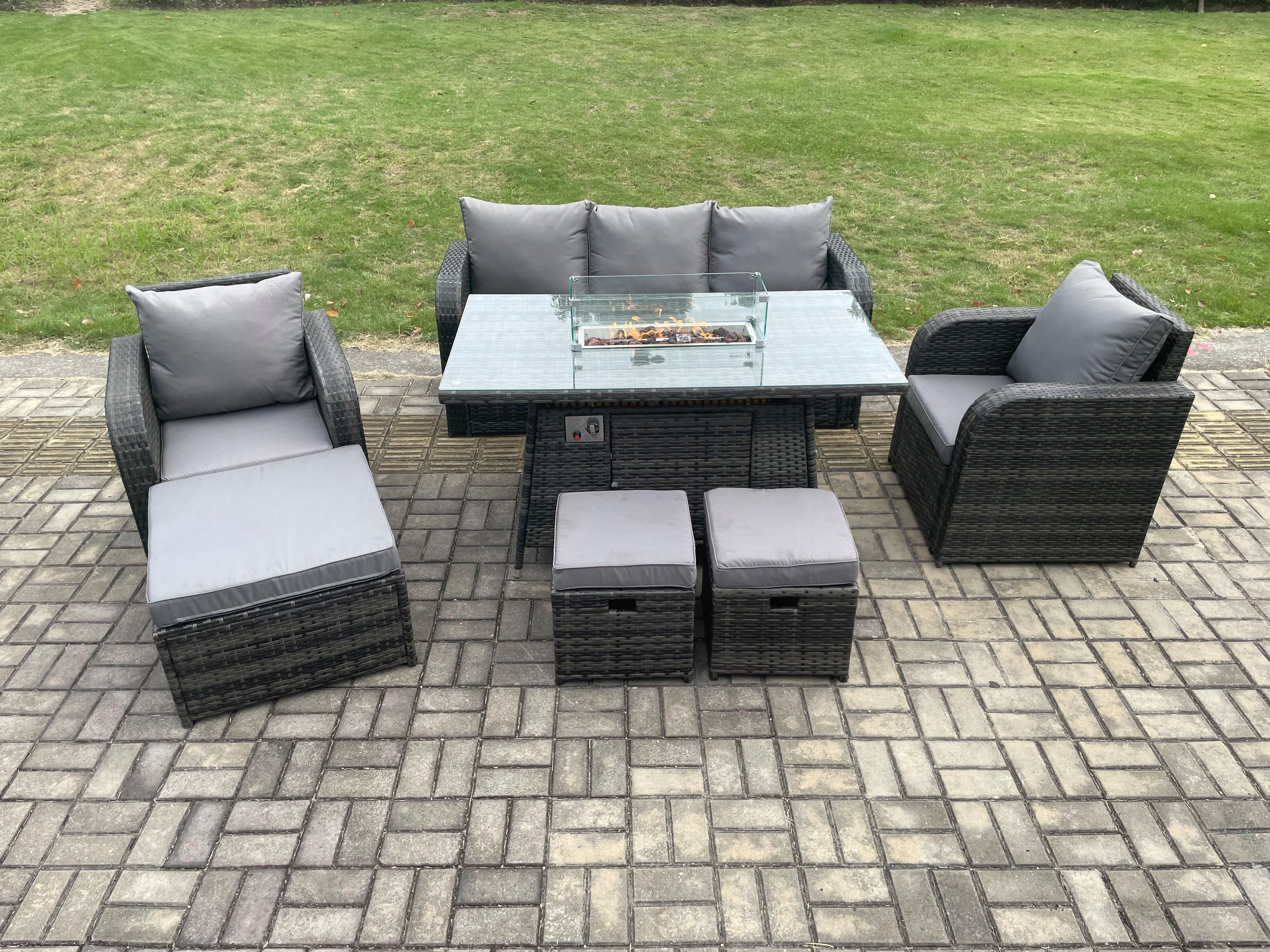 Wicker Rattan Garden Furniture Sofa Set Gas Fire Pit Dining Table Indoor Outdoor Chair 3 Footstools