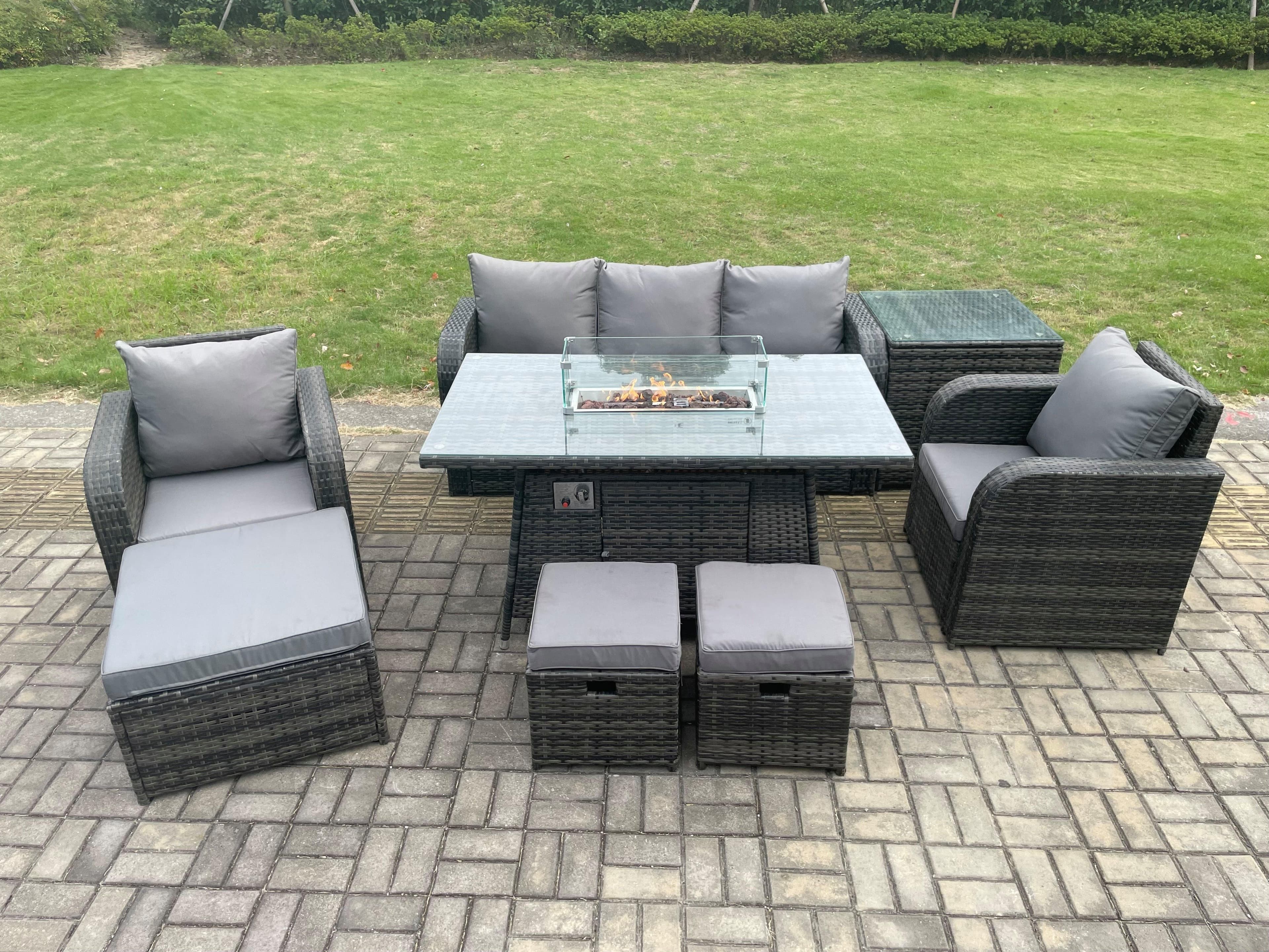 Wicker Rattan Garden Furniture Sofa Set Gas Fire Pit Dining Table Indoor Outdoor Side Table Chair 3 Footstools