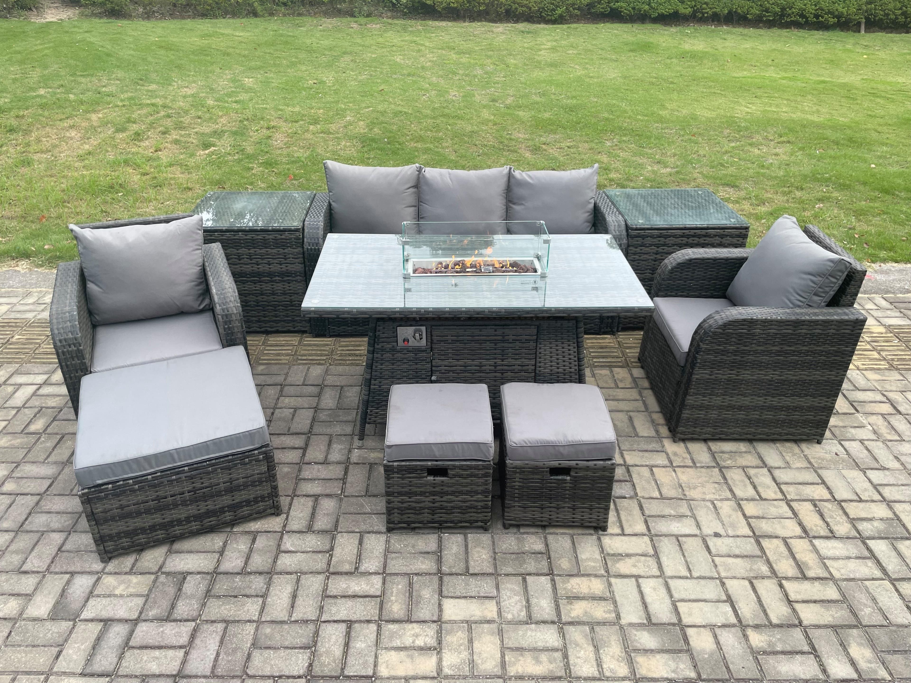 Wicker Rattan Garden Furniture Sofa set Gas Fire Pit Dining Table Indoor Outdoor 2 Side Table Chair 3 Footstools