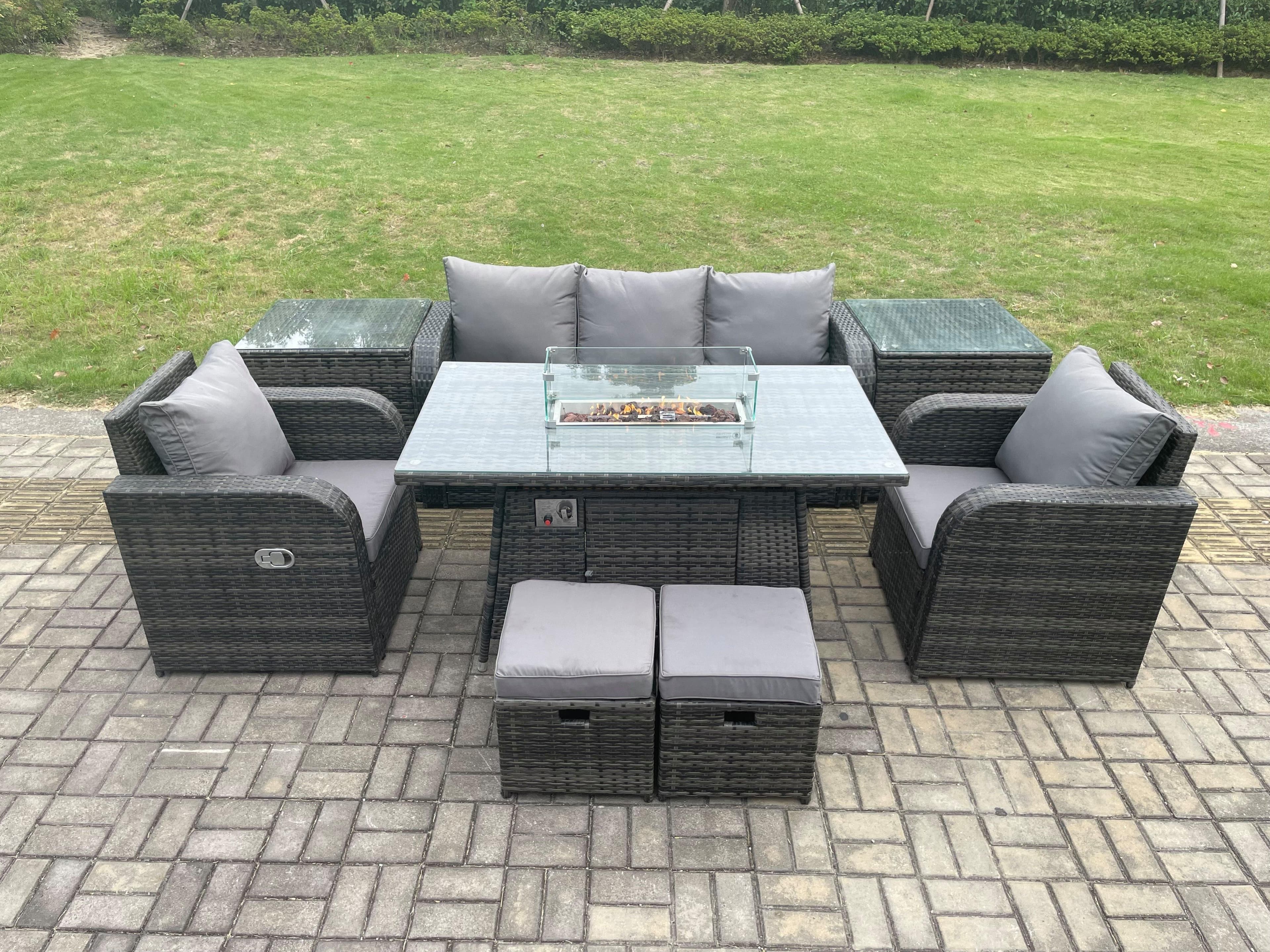 Wicker Rattan Garden Furniture Sofa Set Gas Fire Pit Dining Table Indoor Outdoor 2 Side Table Chair Footstool