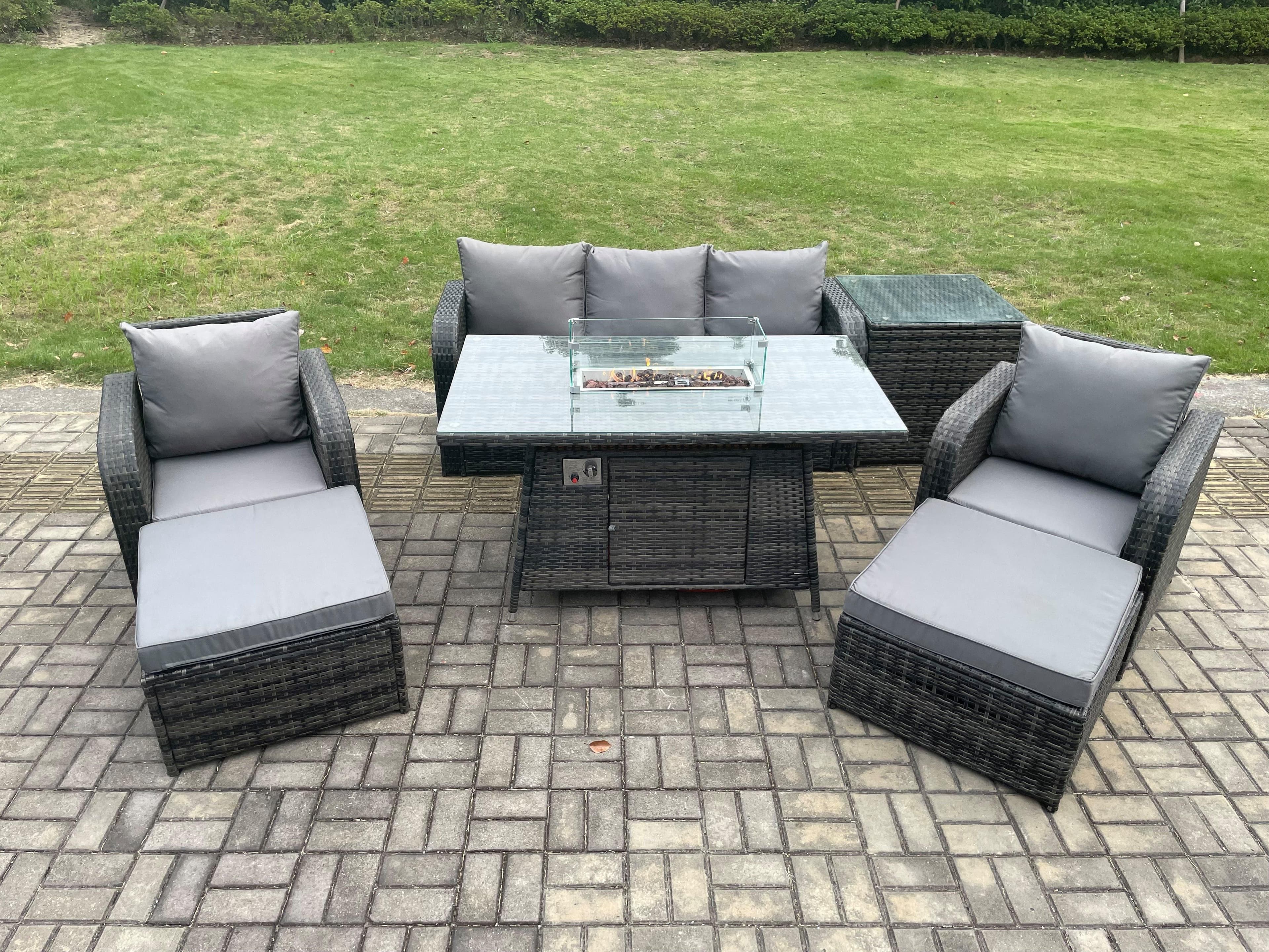 Wicker Rattan Garden Furniture Sofa Set Gas Fire Pit Dining Table Indoor Outdoor Side Table Chair 2 Big Footstool