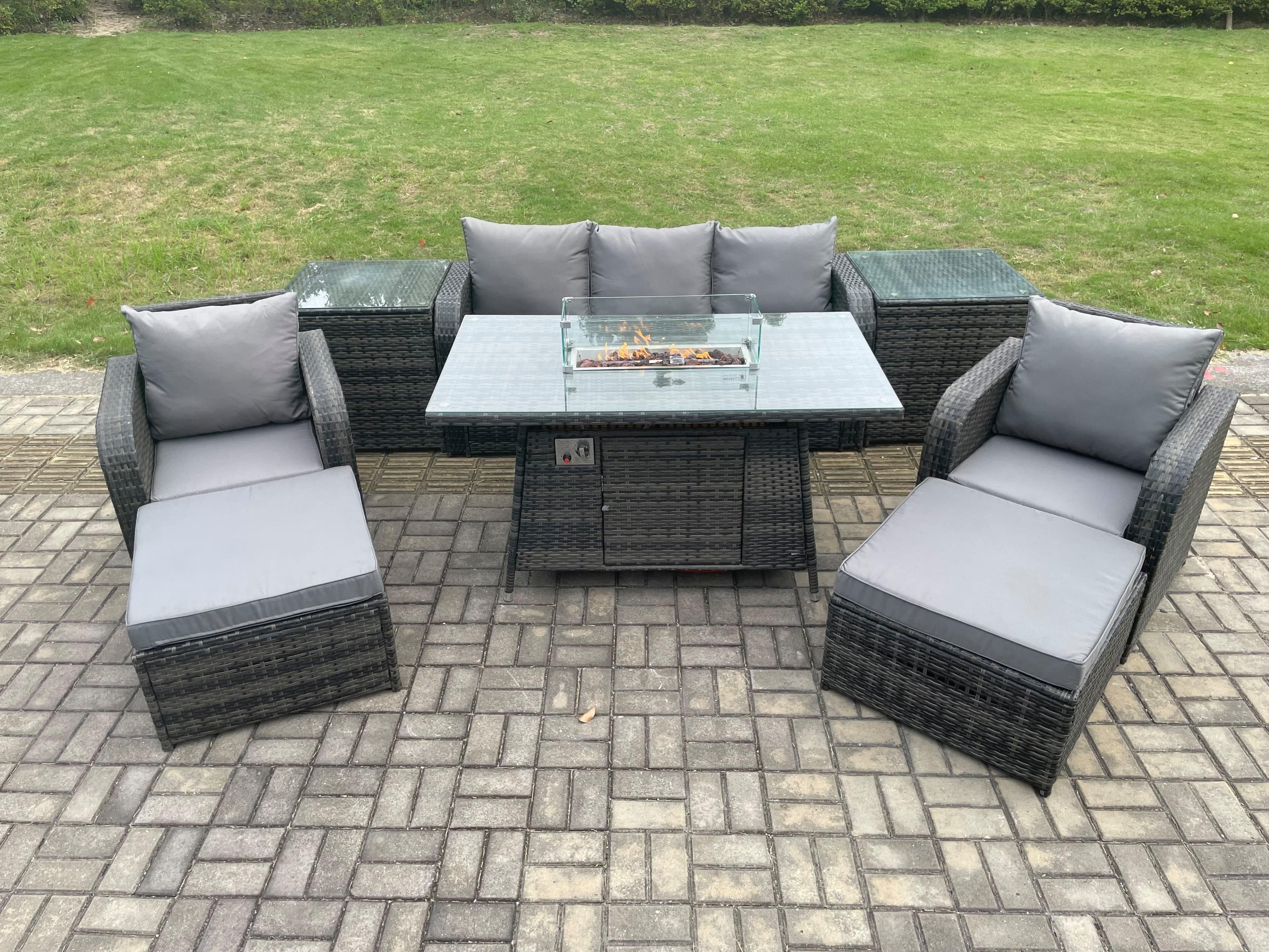 Wicker Rattan Garden Furniture Sofa Set Gas Fire Pit Dining Table Indoor Outdoor 2 Side Table Chair 2 Big Footstool