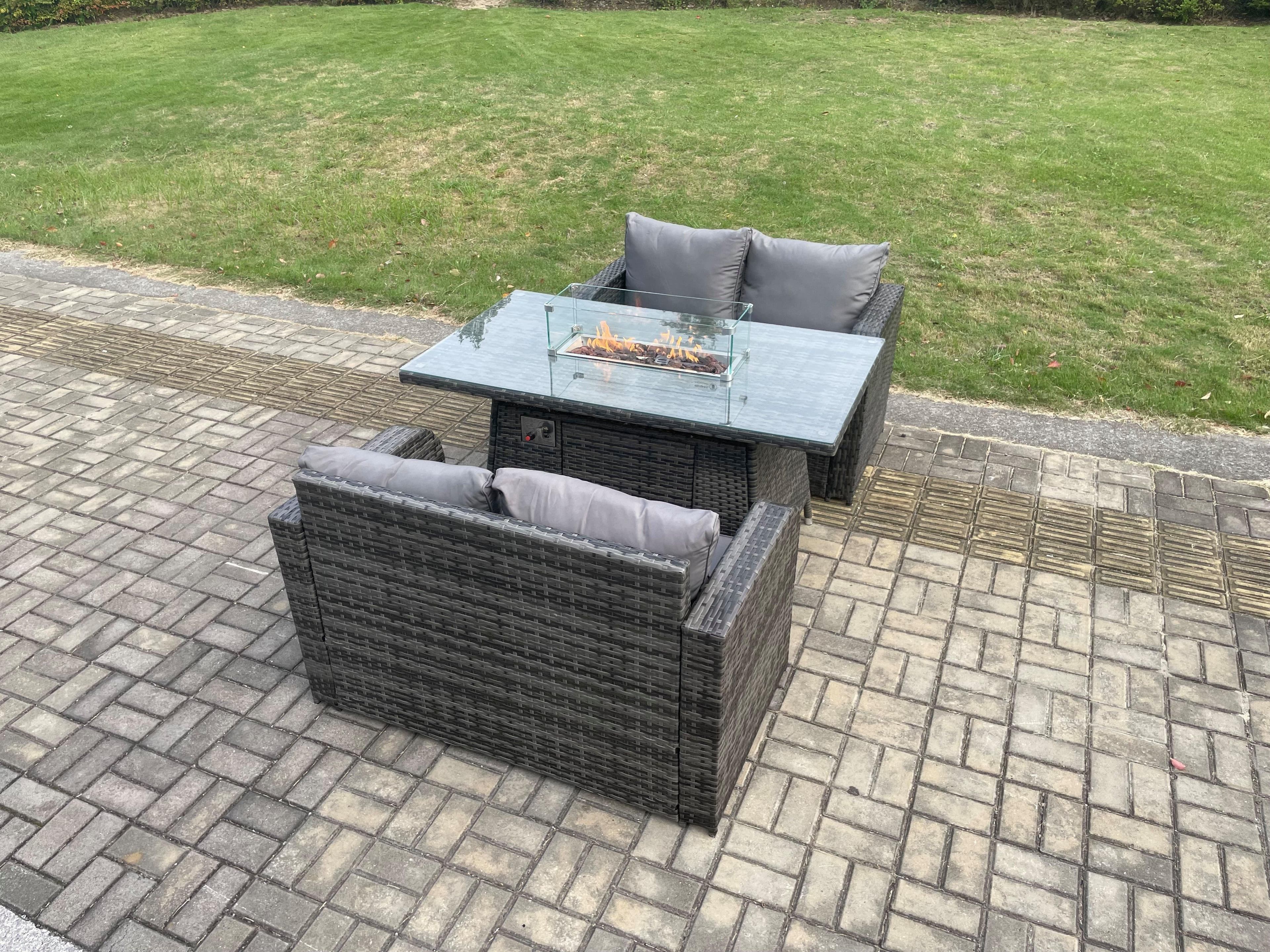 Rattan Garden Furniture Set Gas Fire Pit Dining Table Indoor Outdoor 3 piece set
