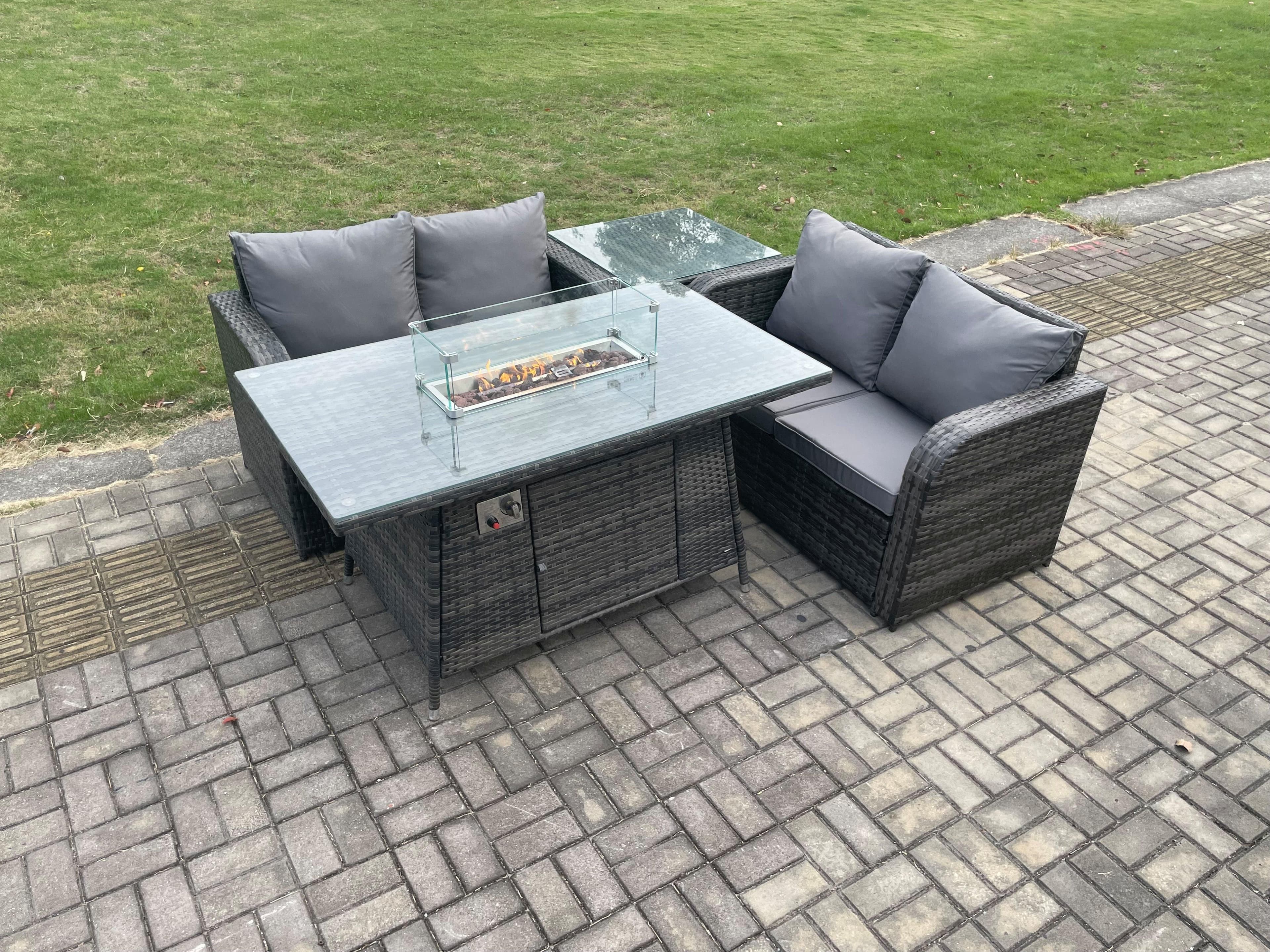 Rattan Garden Furniture Set Gas Fire Pit Table 4 Pieces Outdoor Loveseat Sofa Set Dark Grey Mixed