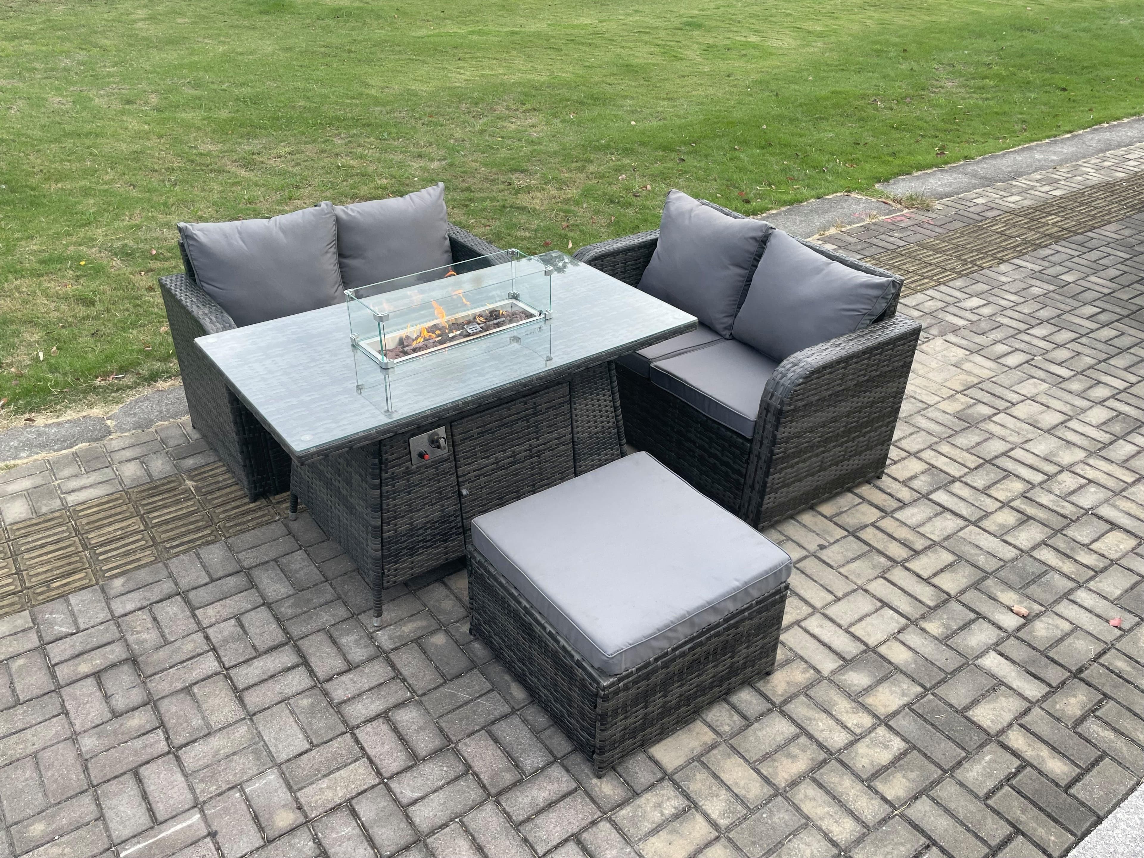 Rattan Garden Furniture Set Gas Fire Pit Table Footstool 4 Pieces Outdoor Loveseat Sofa Set Dark Grey Mixed