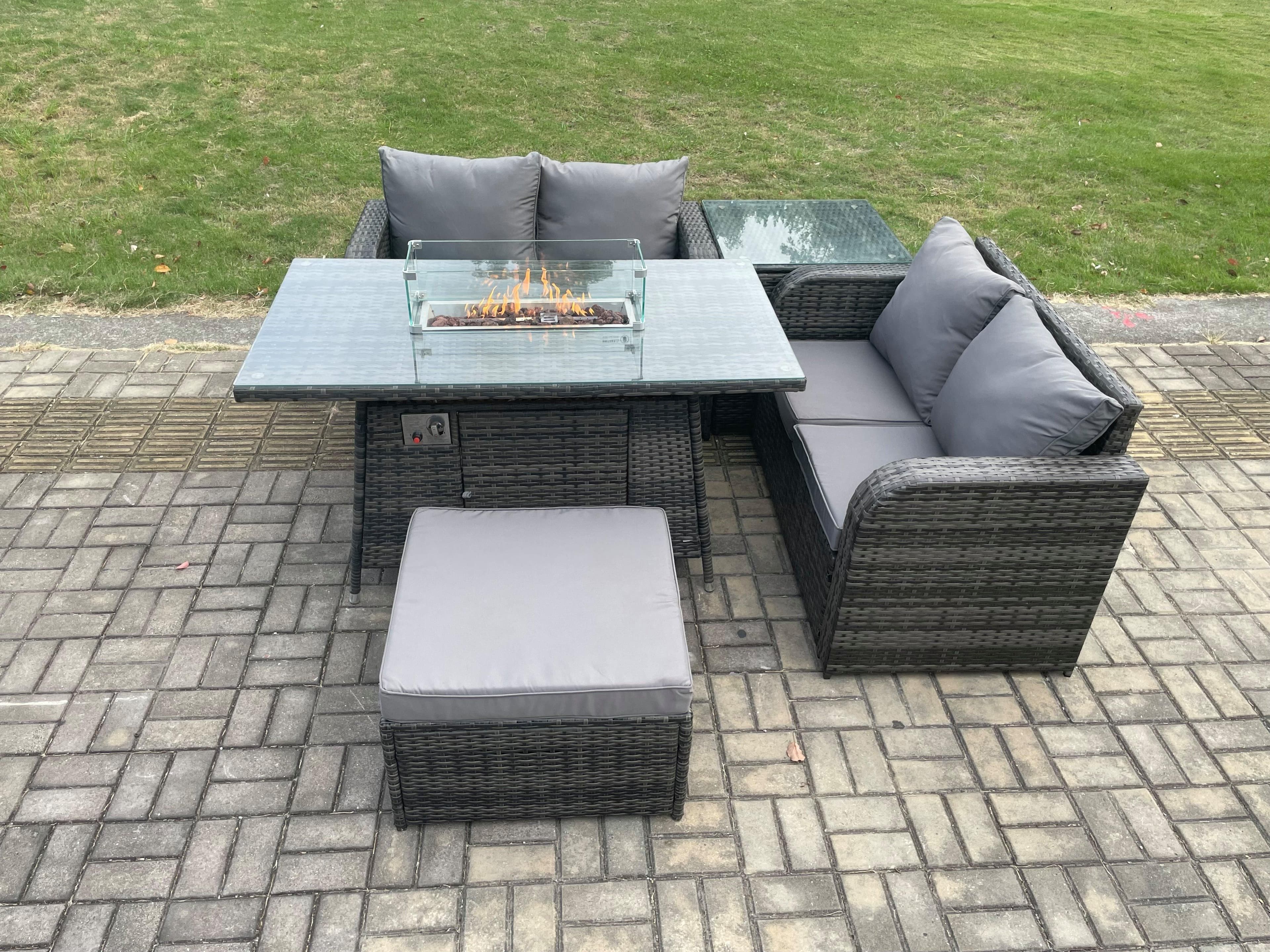 Rattan Garden Furniture Set Gas Fire Pit Table 5 Pieces Outdoor Loveseat Sofa Set Dark Grey Mixed