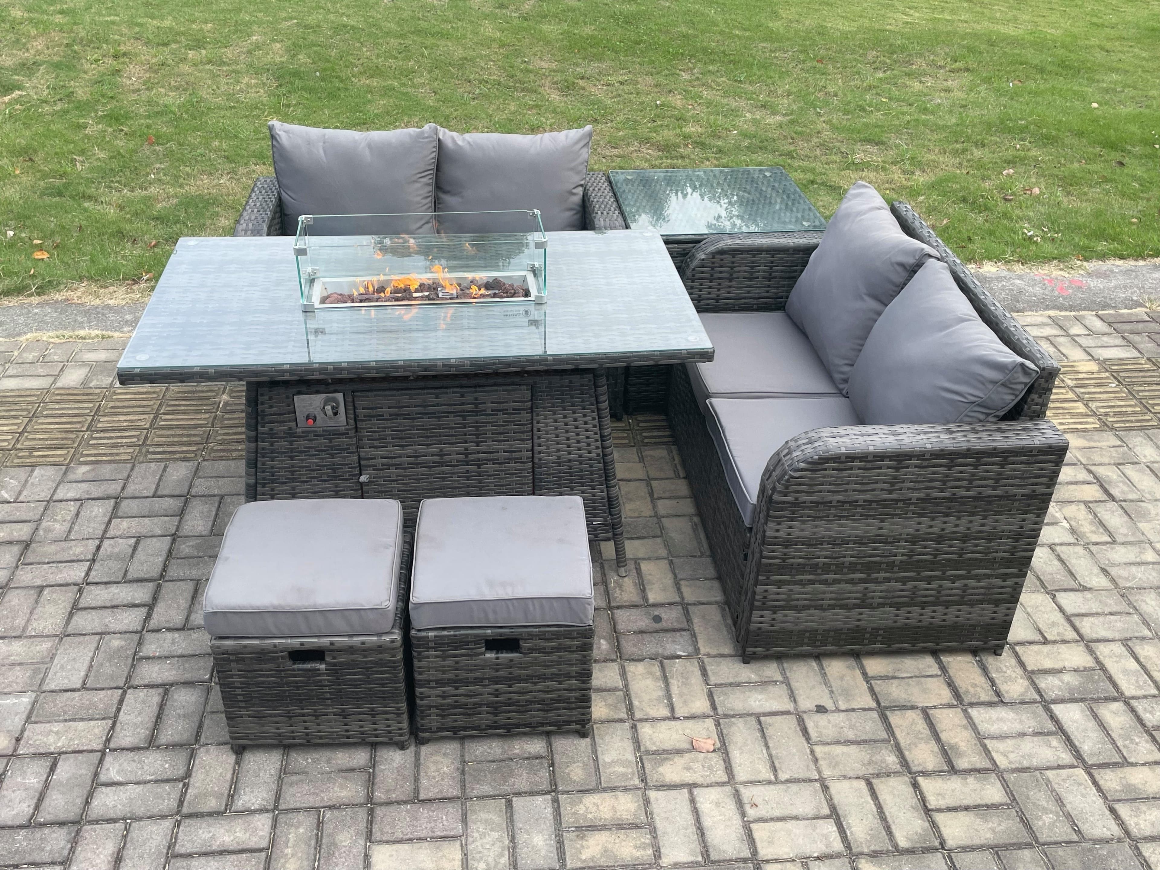 Rattan Garden Furniture Set Gas Fire Pit Table 6 Pieces Outdoor Loveseat Sofa Set Dark Grey Mixed
