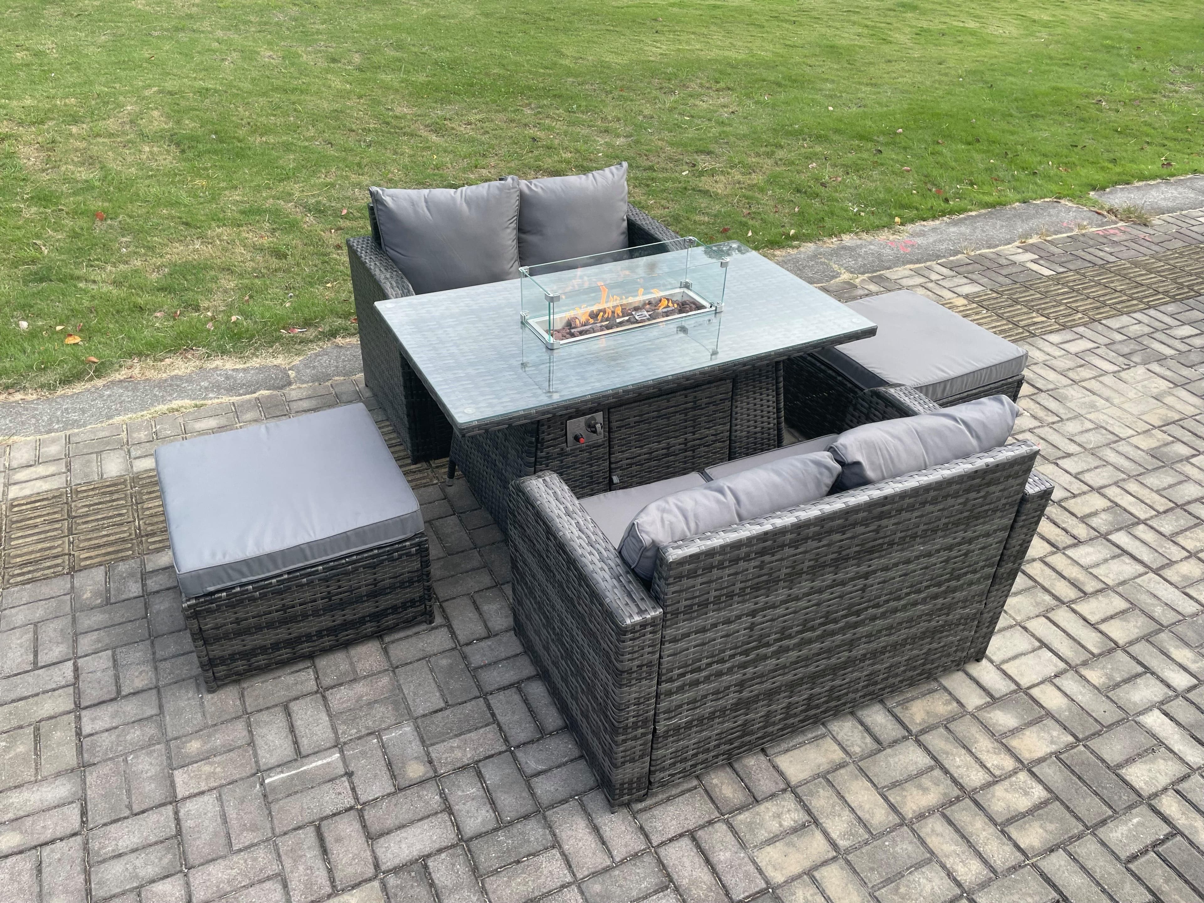 Rattan Garden Furniture Set Gas Fire Pit Table 5 Pieces Indoor Outdoor Loveseat Sofa Set Dark Grey Mixed