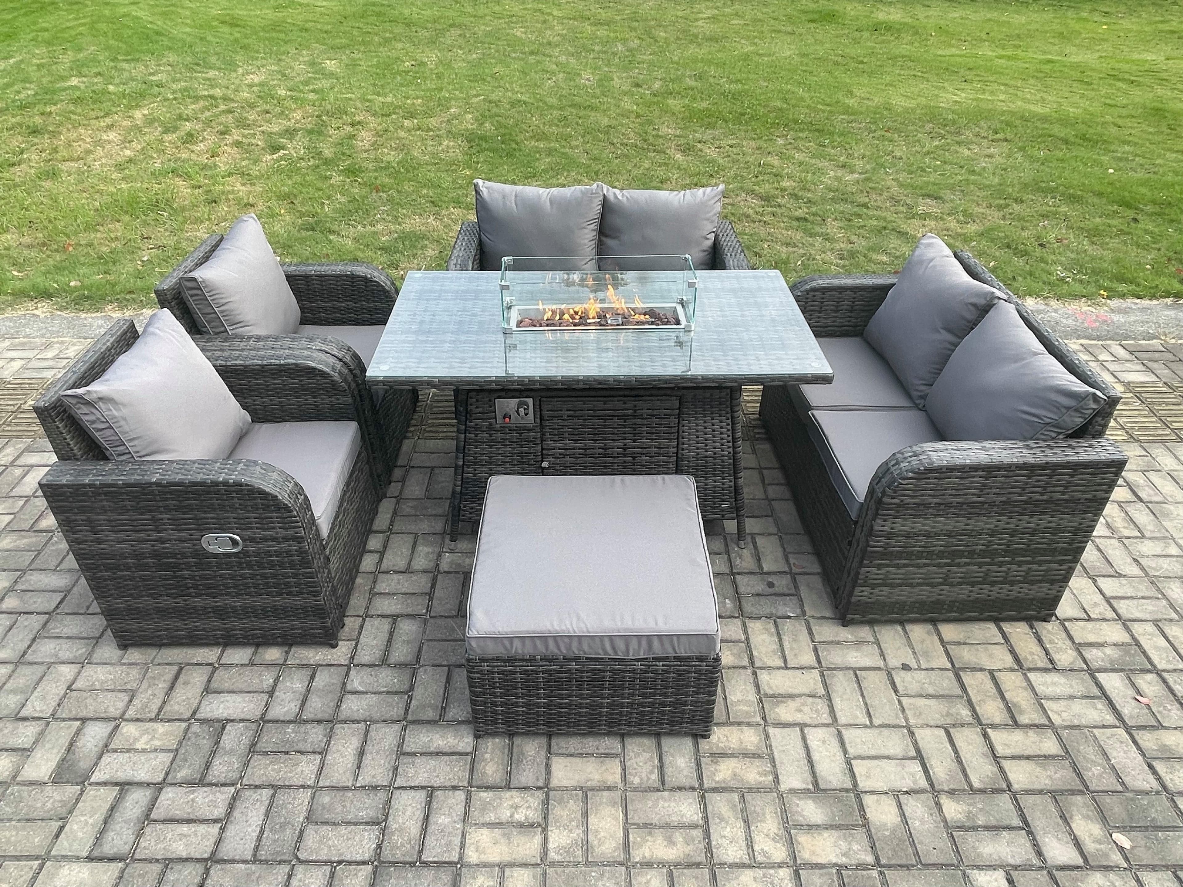 7 Seater Rattan Garden Furniture Set Propane Gas Fire Pit Table Sofa Chair set Big Footstool