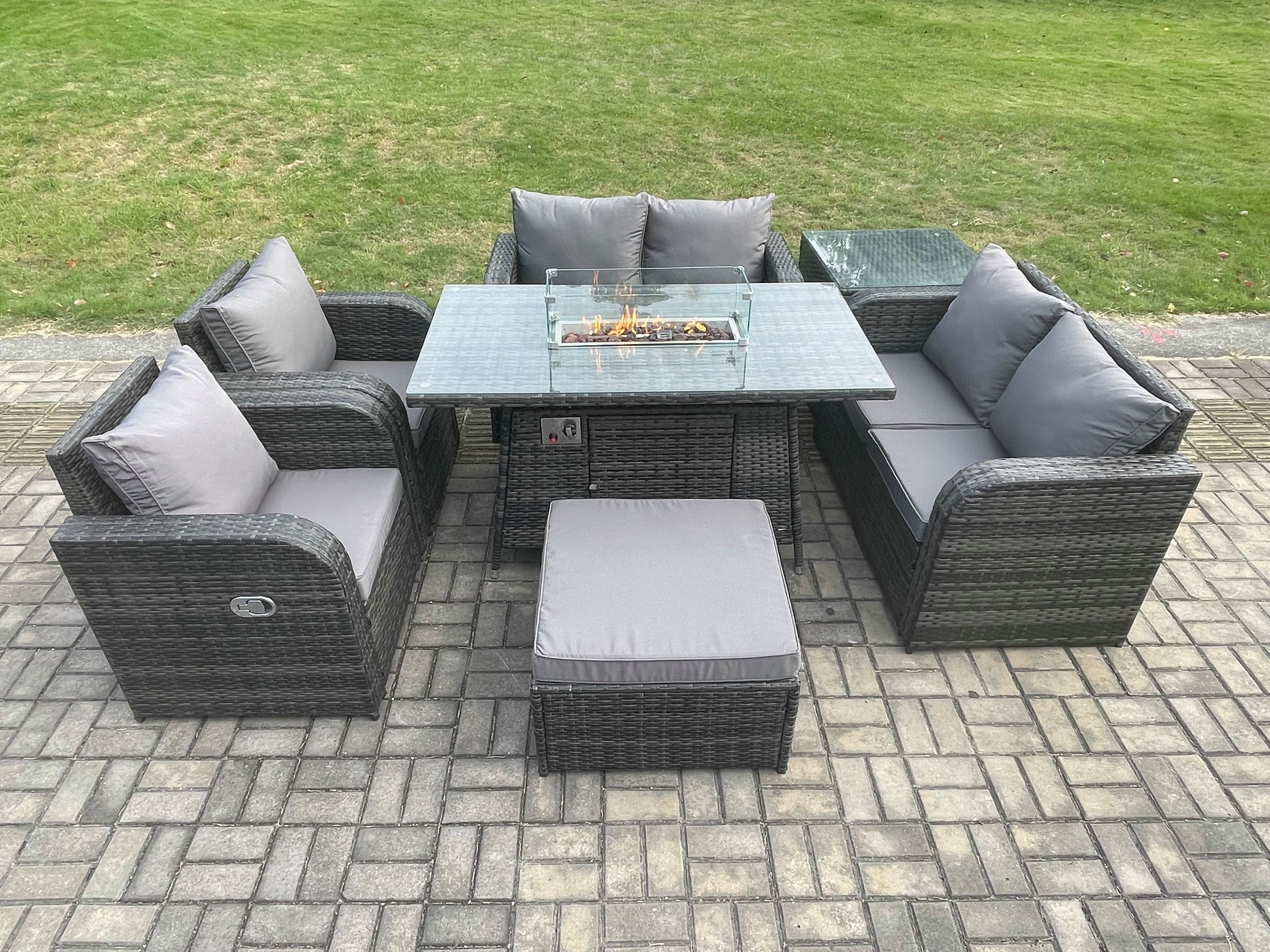 7 Seater Rattan Garden Furniture Set Propane Gas Fire Pit Table Sofa Chair set Big Footstool Side Table