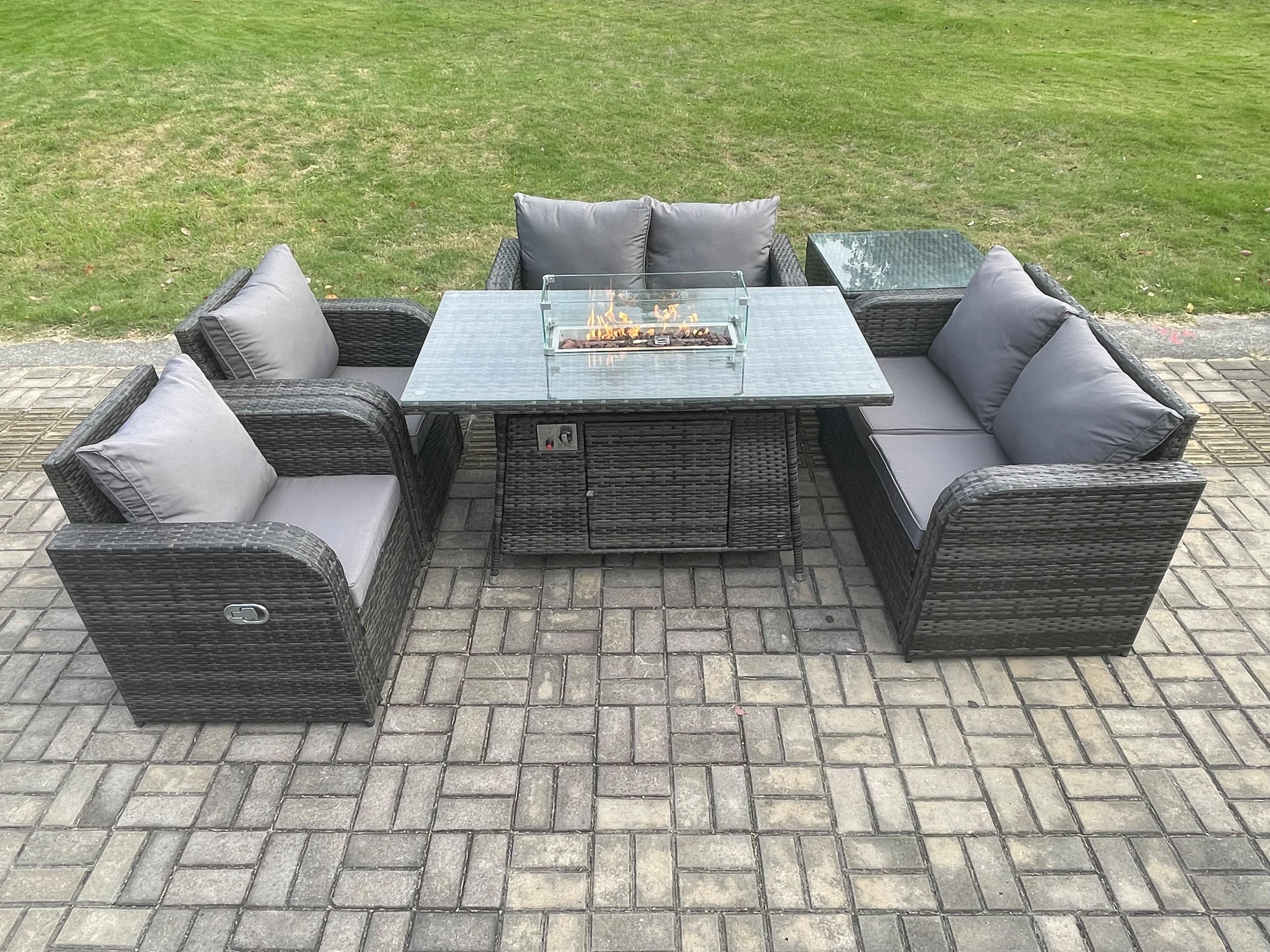 6 Seater Rattan Garden Furniture Set Propane Gas Fire Pit Table Sofa Chair set Side Table