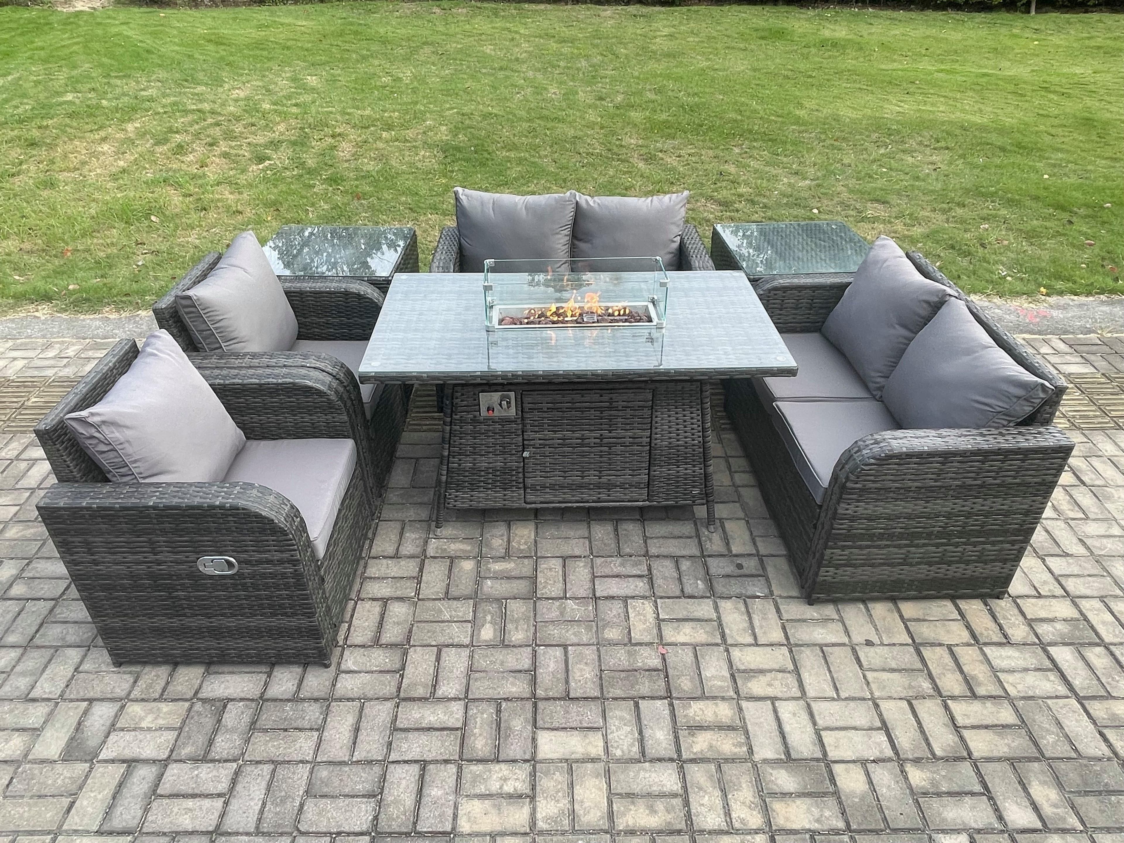 6 Seater Rattan Garden Furniture Set Propane Gas Fire Pit Table Sofa Chair set 2 Side Tables