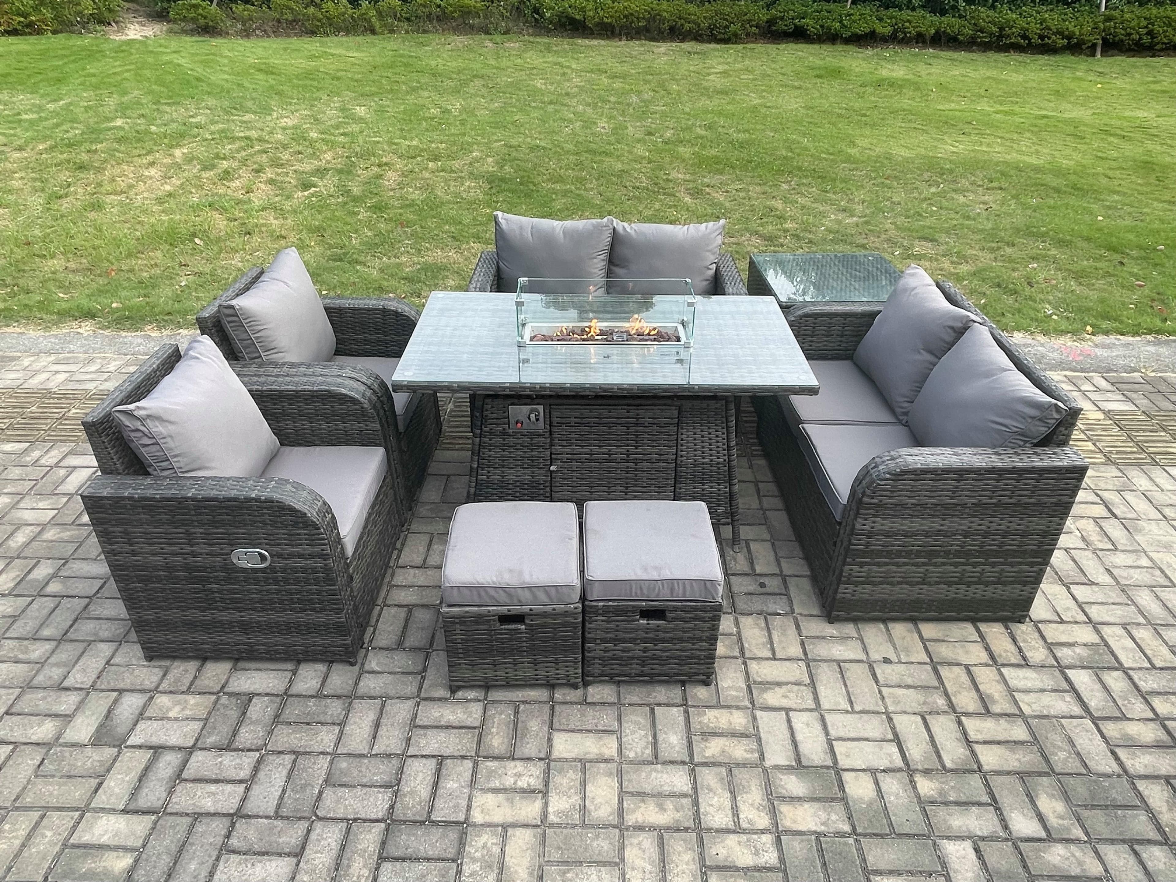 8 Seater Rattan Garden Furniture Set Propane Gas Fire Pit Table Sofa Chair set Side Tables 2 Small Footstools