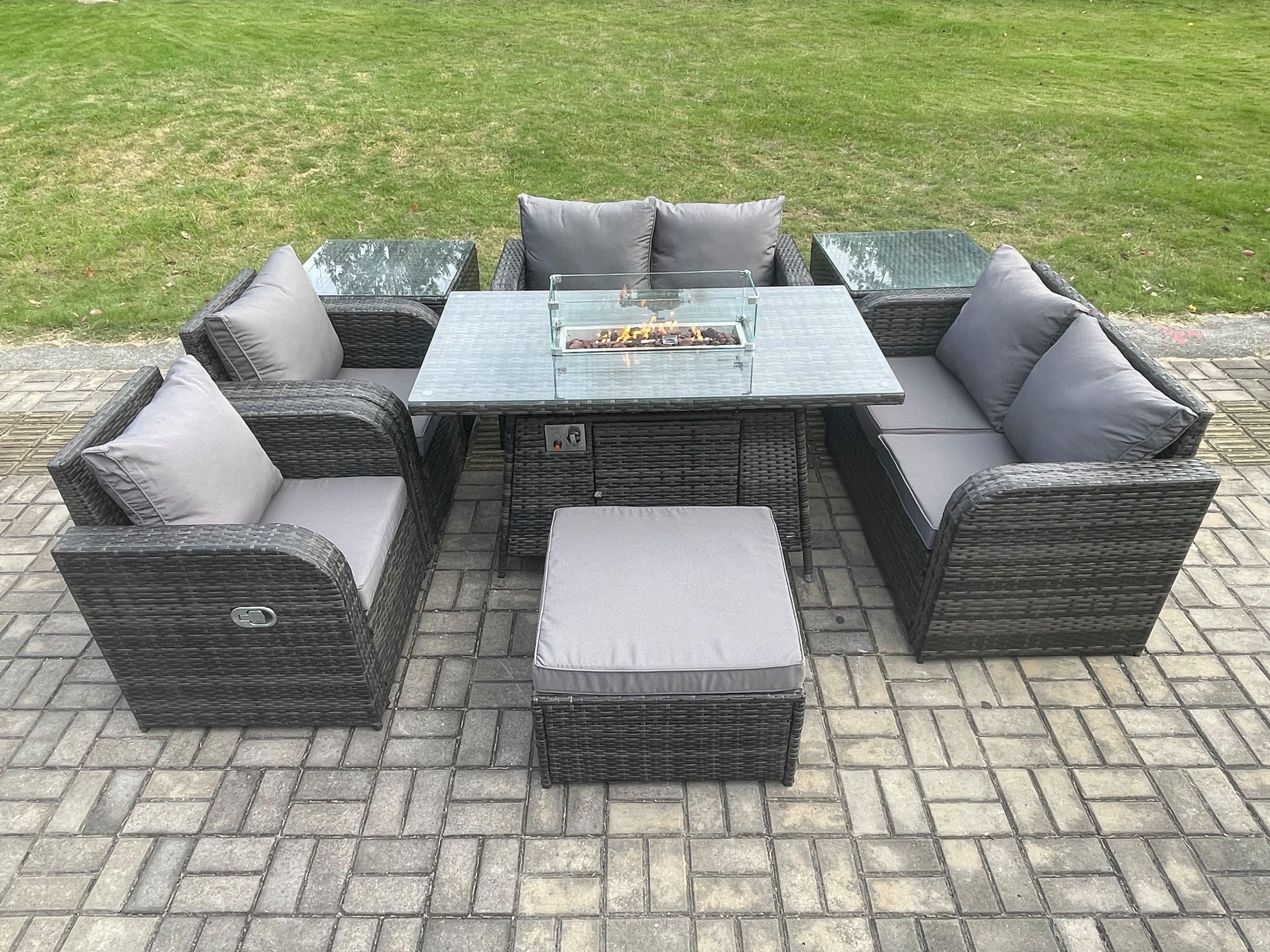 7 Seater Rattan Garden Furniture Set Propane Gas Fire Pit Table Sofa Chair set 2 Side Tables Big Footstool