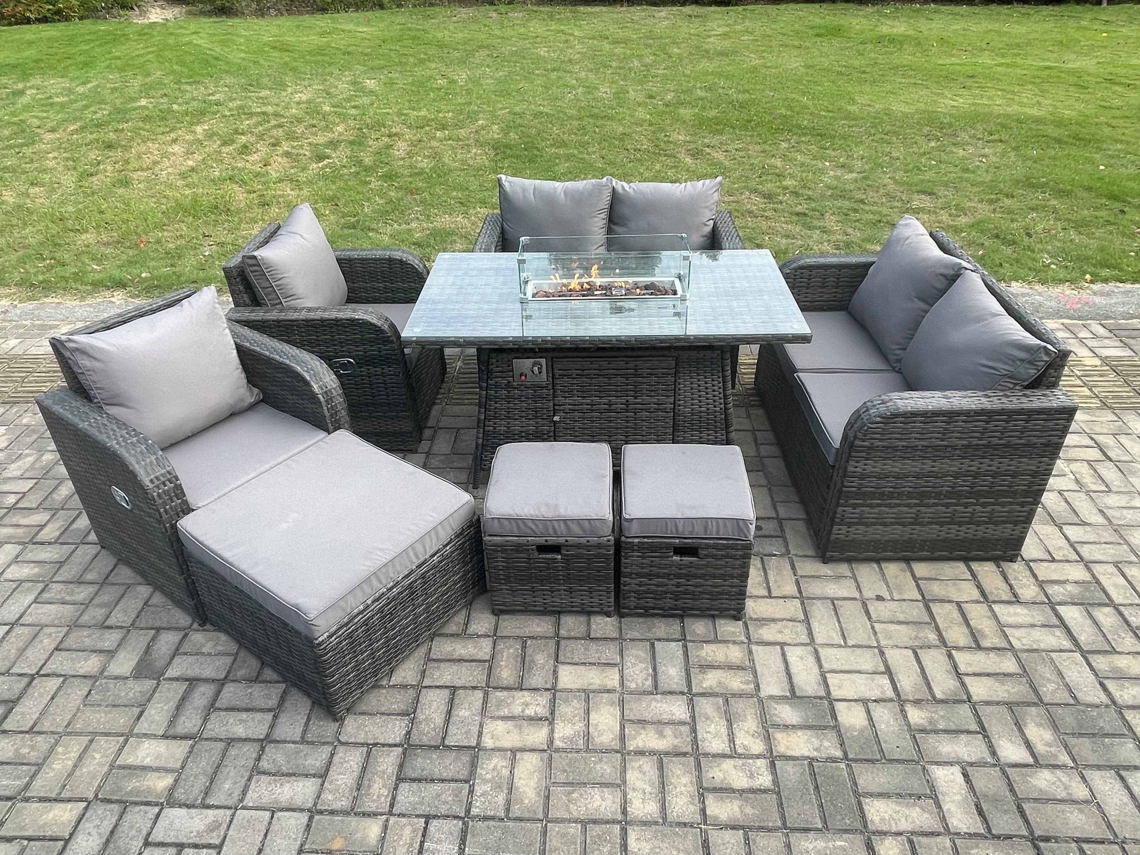 9 Seater Rattan Garden Furniture Set Propane Gas Fire Pit Table Sofa Chair set 3 Footstool