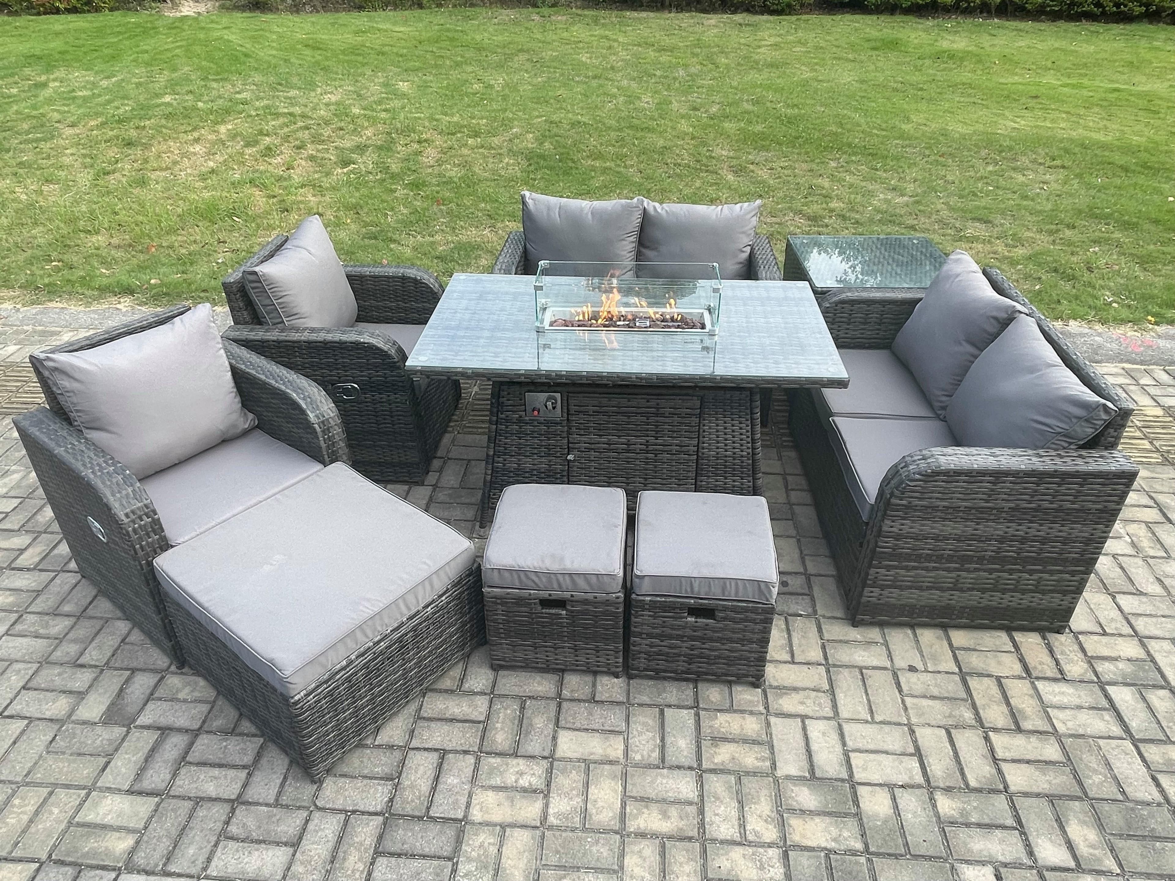9 Seater Rattan Garden Furniture Set Propane Gas Fire Pit Table Sofa Chair set 3 Footstool Side Table