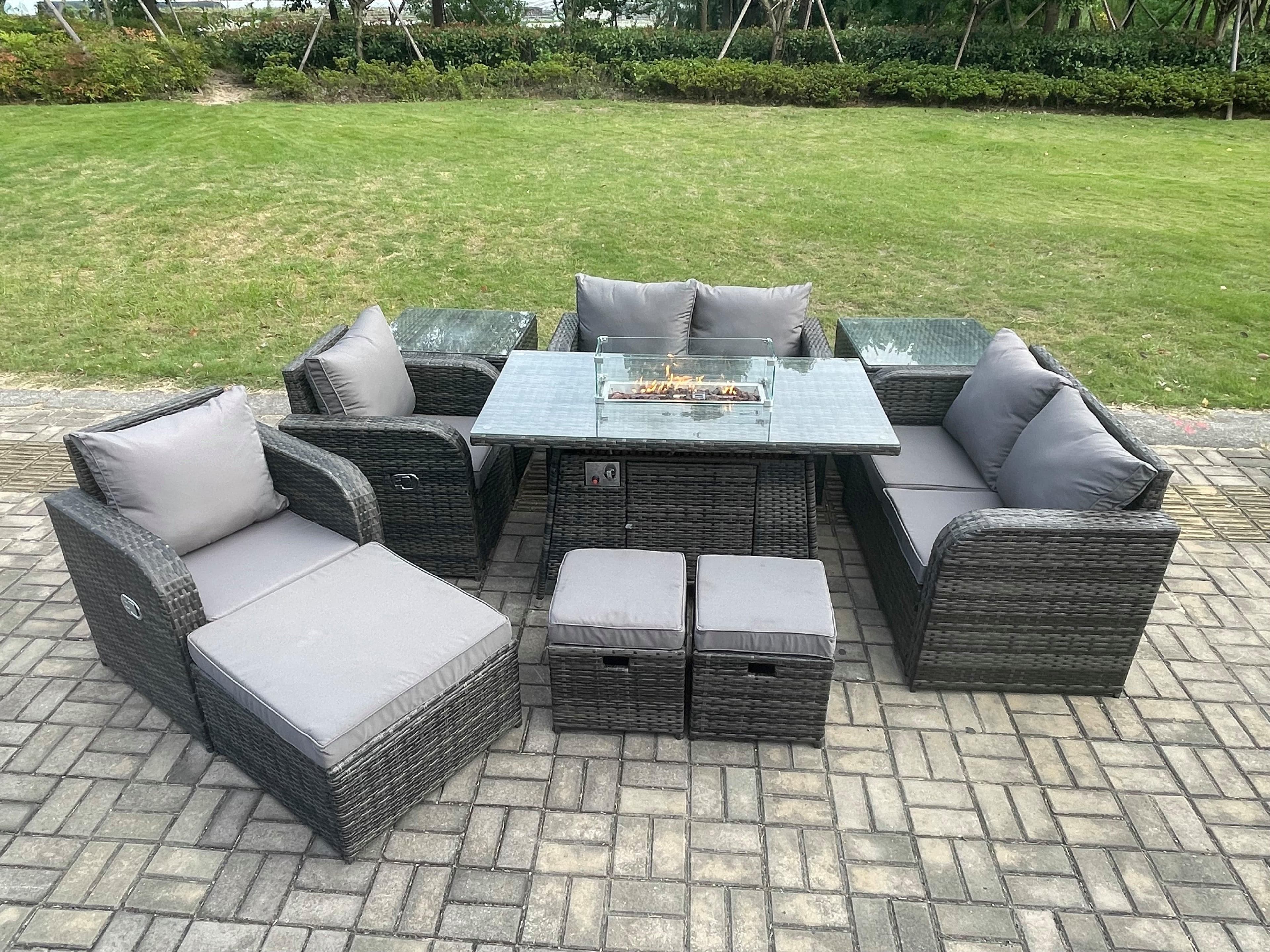9 Seater Rattan Garden Furniture Set Propane Gas Fire Pit Table Sofa Chair set 3 Footstool 2 Side Tables