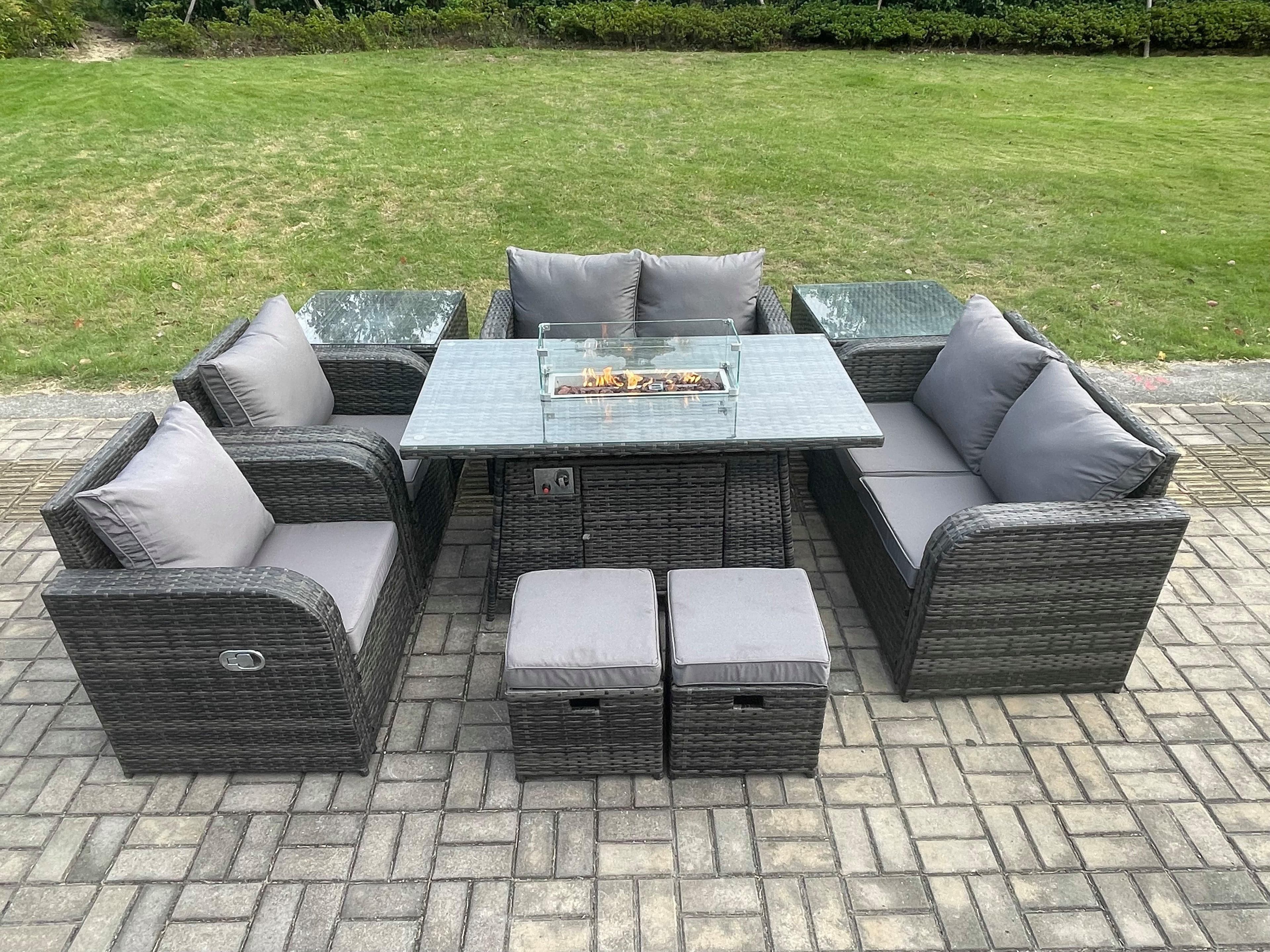 8 Seater Rattan Garden Furniture Set Outdoor Propane Gas Fire Pit Table Sofa Chair set 2 Side Tables Footstools
