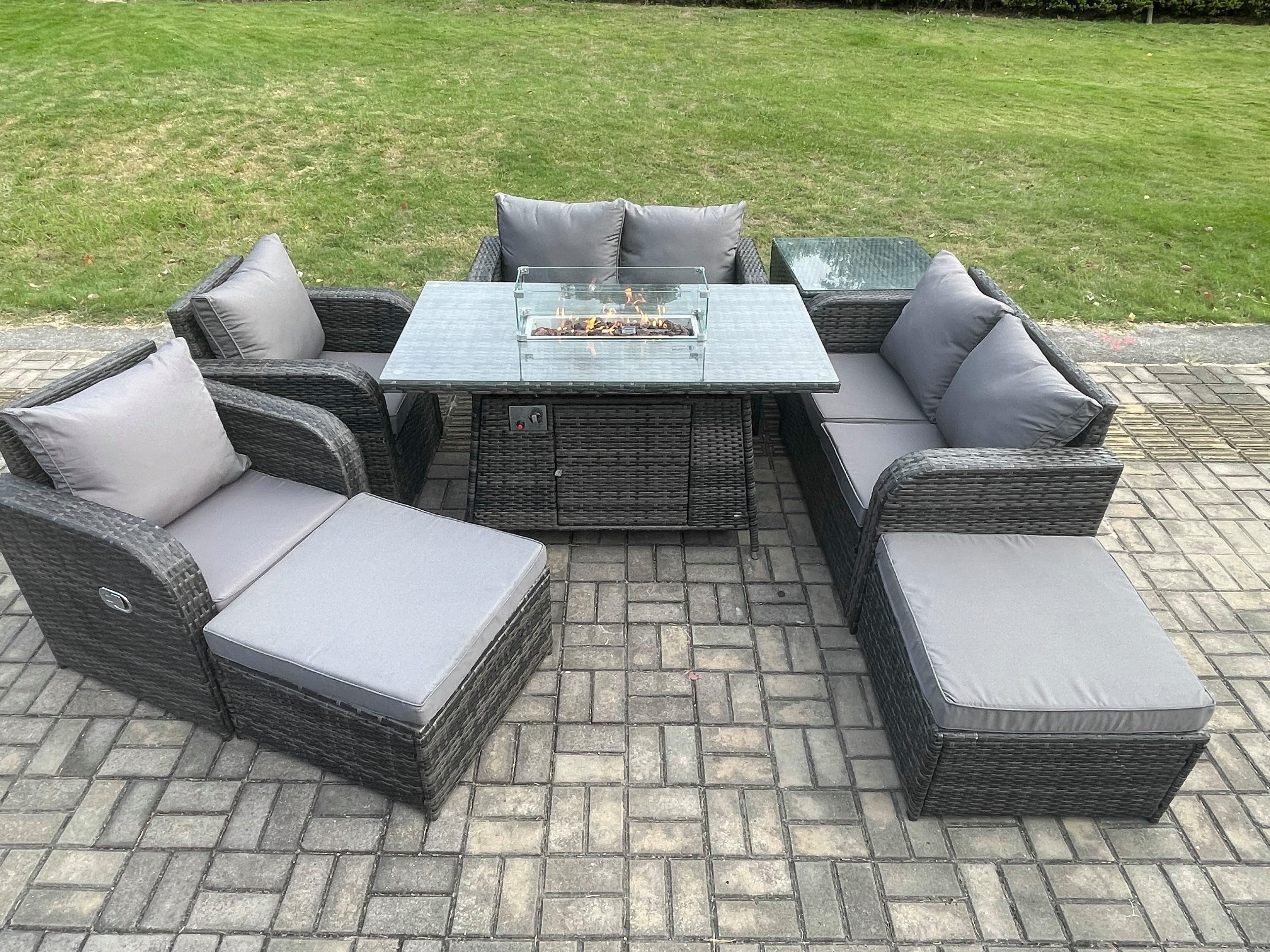 8 Seater Rattan Garden Furniture Set Outdoor Propane Gas Fire Pit Table Sofa Chair set Side Table 2 Big Footstool