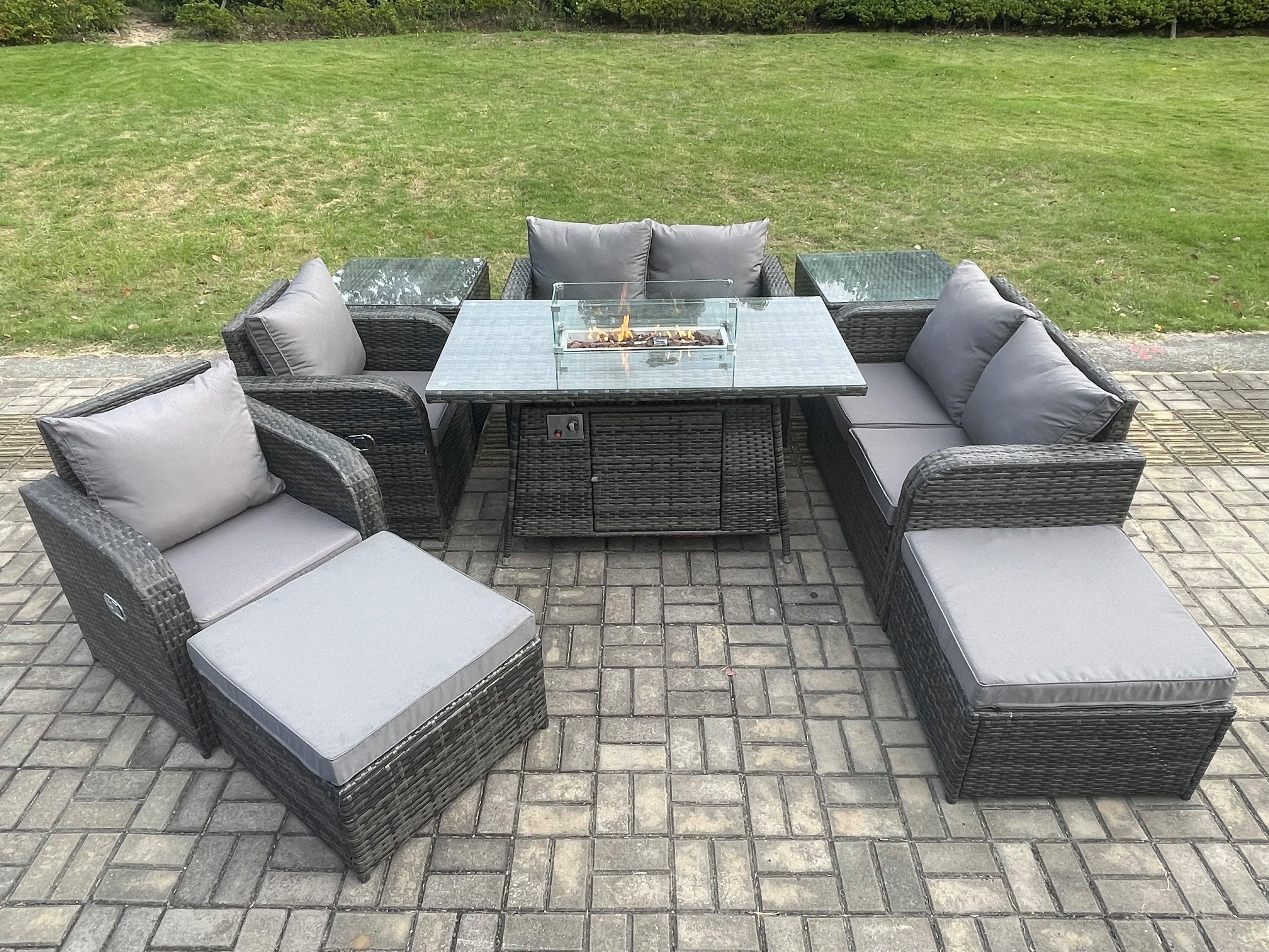 8 Seater Rattan Garden Furniture Set Outdoor Propane Gas Fire Pit Table Sofa Chair set 2 Side Tables 2 Big Footstool