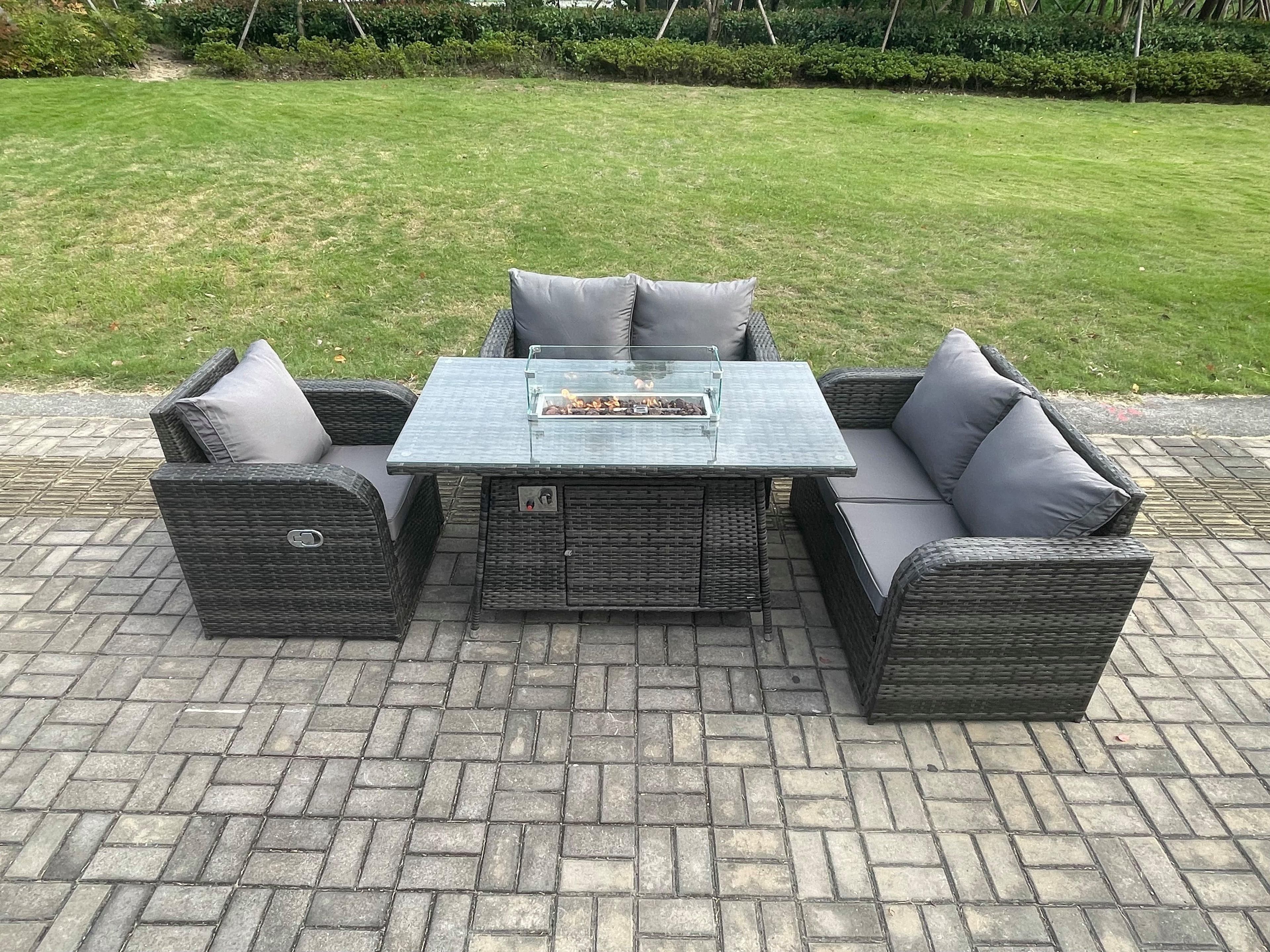 Patio Rattan Garden Furniture Set Gas Fire Pit Dining Table Indoor Outdoor 4 piece Love Sofa set