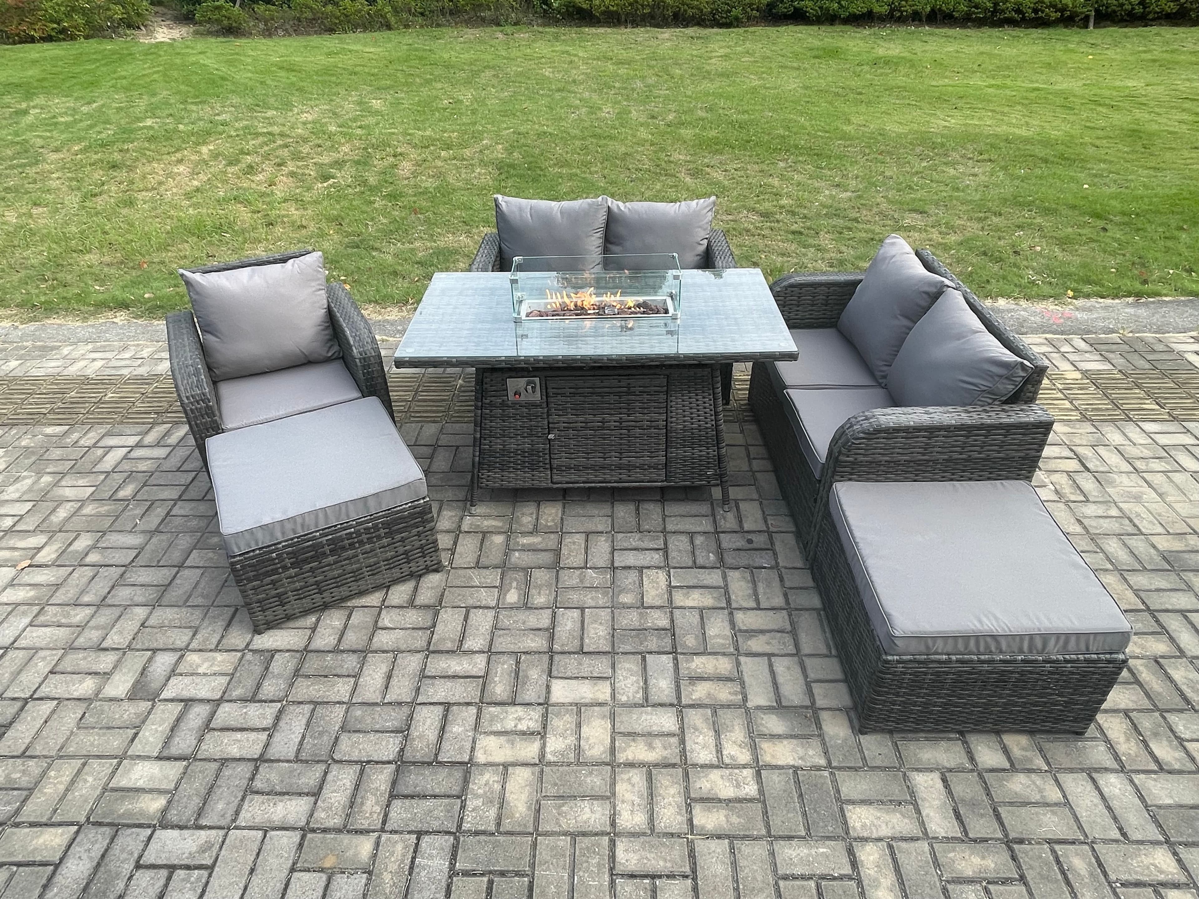 6 Seater Rattan Outdoor Garden Furniture Sofa Set Gas Fire Pit Dining Table Gas Heater Love Sofa Big Footstool
