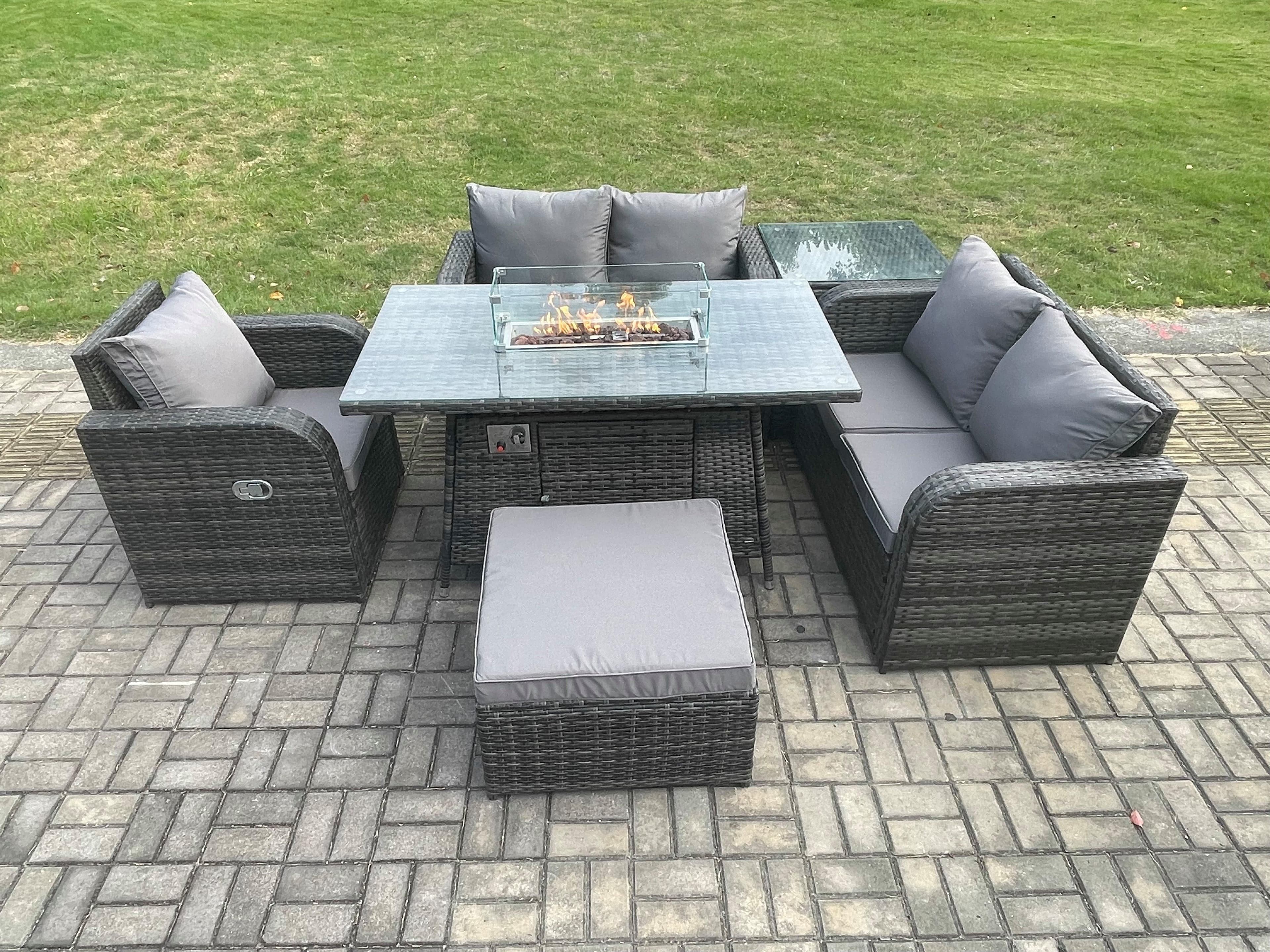 Rattan Garden Furniture Set Gas Fire Pit Dining Table Big Footstool Side Table Indoor Outdoor 6 piece Love Sofa set