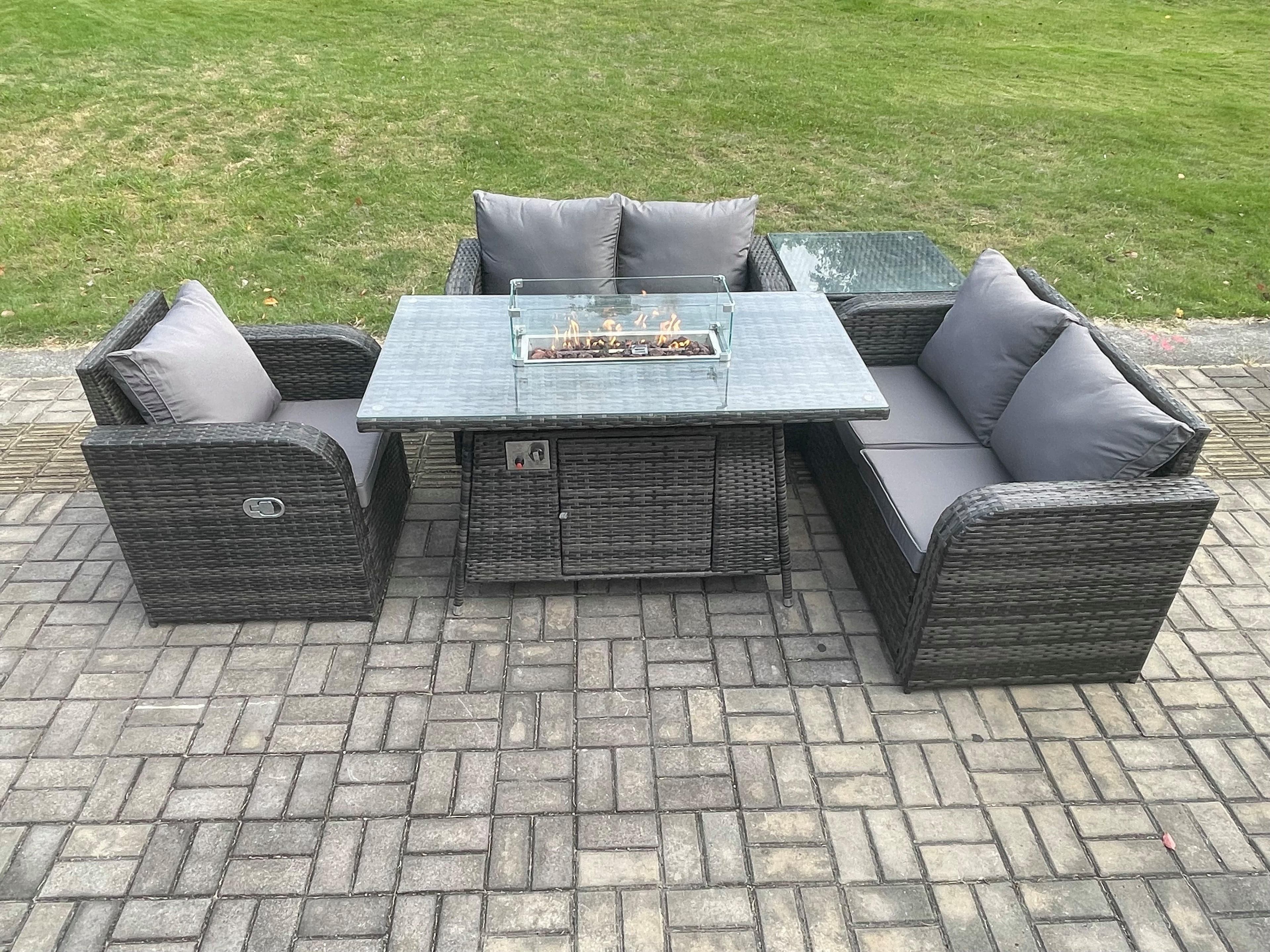 Rattan Garden Furniture Set Gas Fire Pit Dining Table Side Table Indoor Outdoor 5 piece Love Sofa set