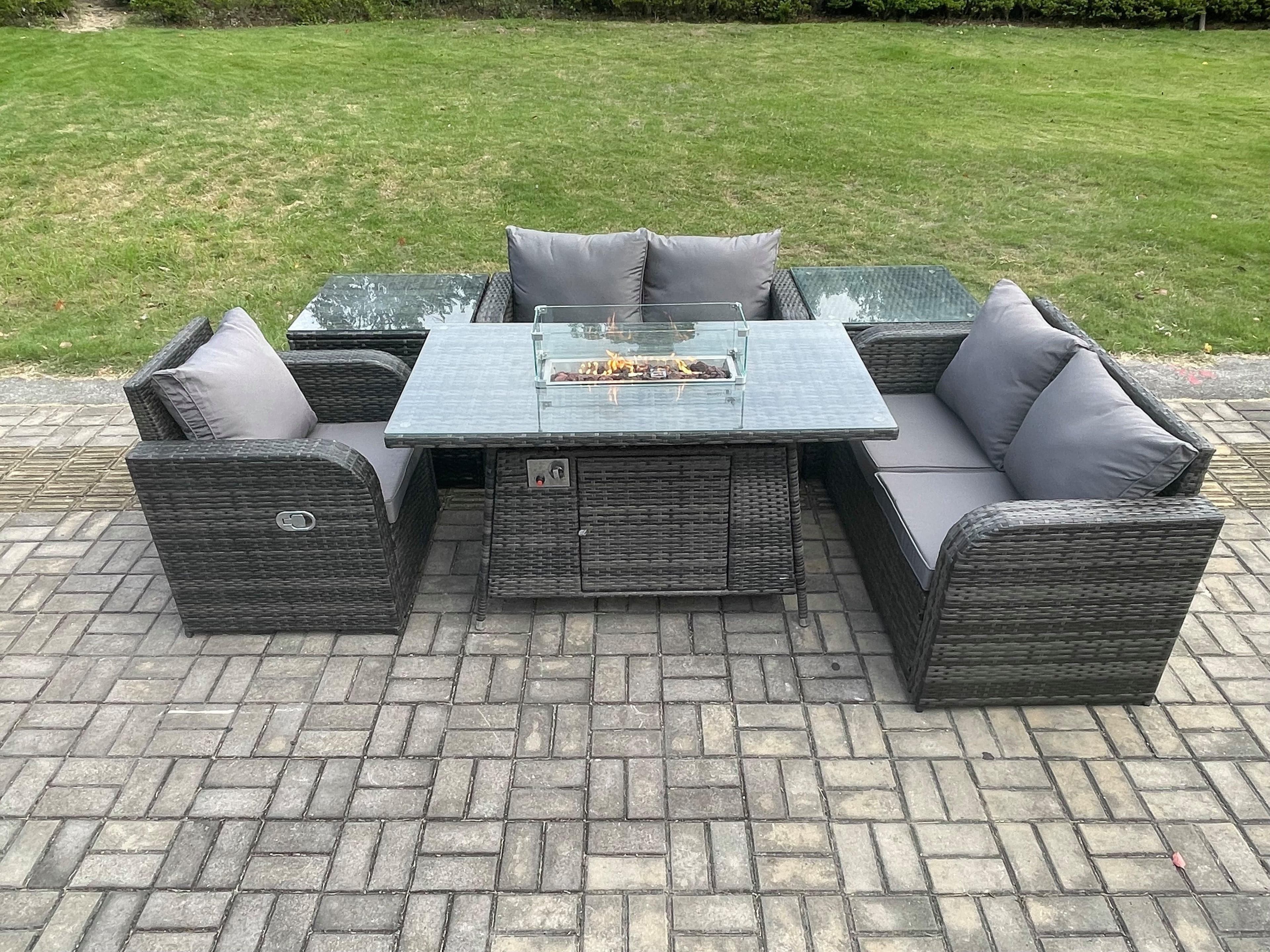 Rattan Garden Furniture Set Gas Fire Pit Dining Table 2 Side Tables Indoor Outdoor 6 piece Love Sofa set