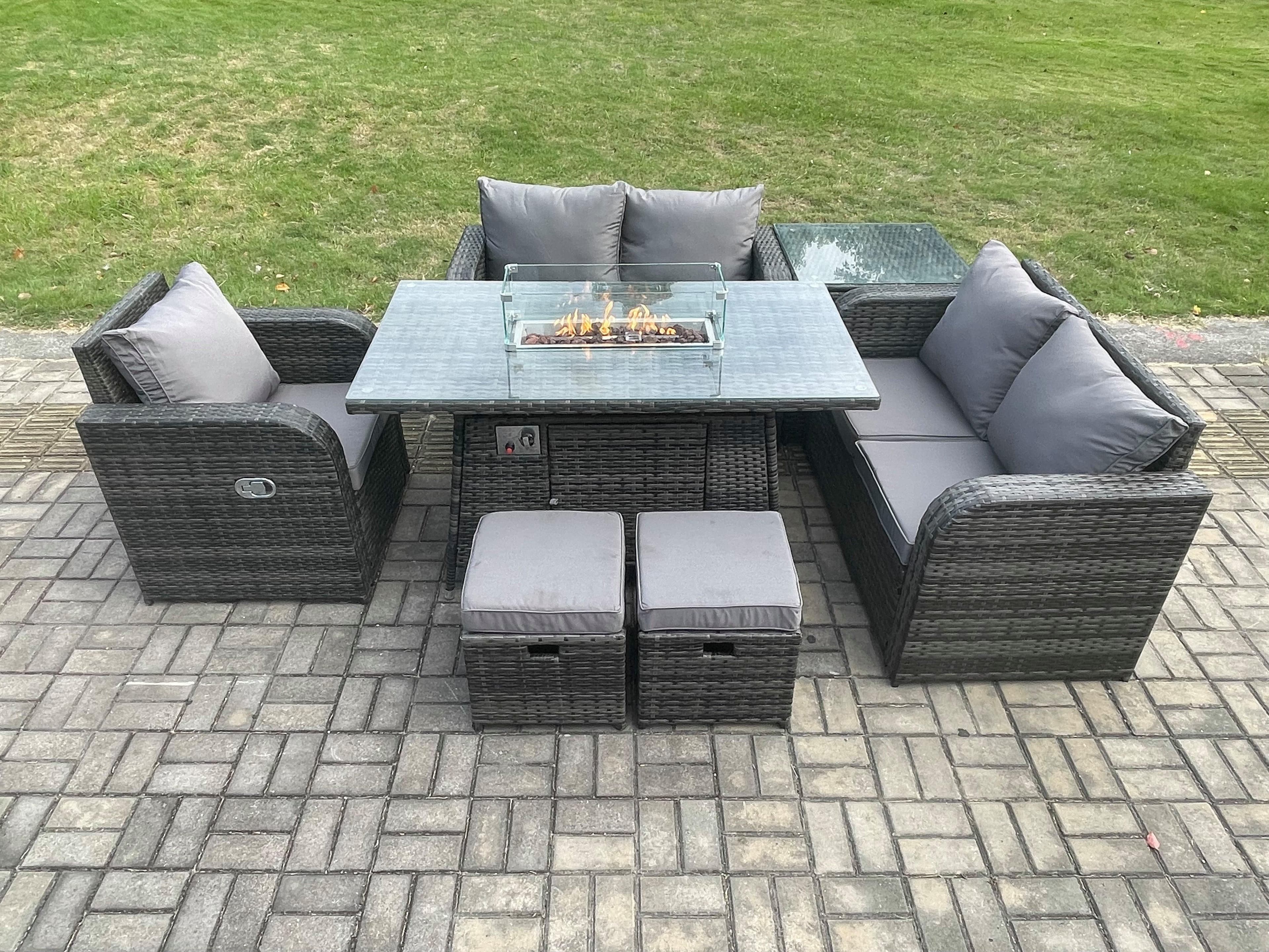 Rattan Garden Furniture Set Gas Fire Pit Dining Table Side Table 2 Small Footstools Indoor Outdoor 7 piece Loveseat Sofa set