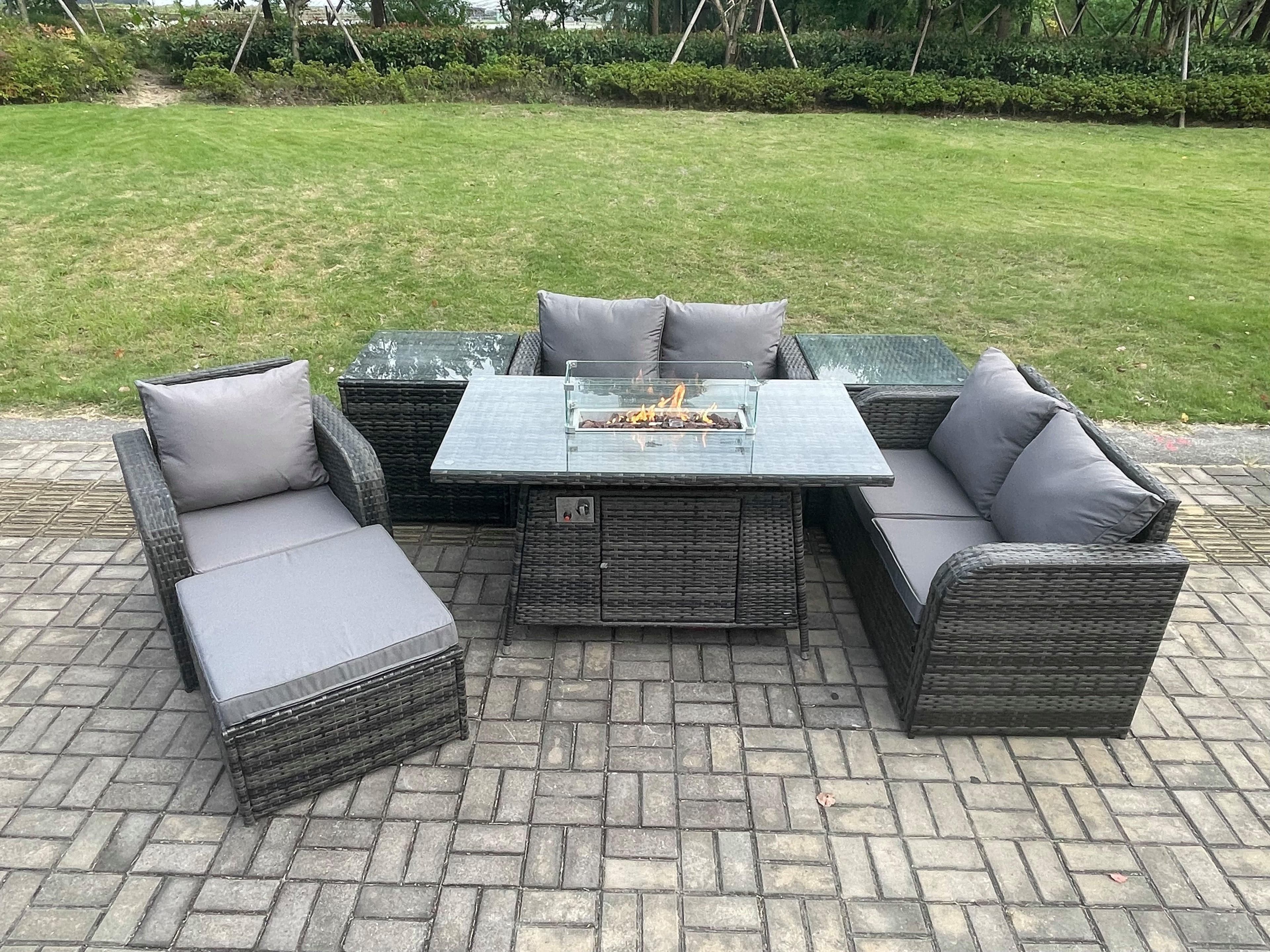 Rattan Garden Furniture Set Gas Fire Pit Dining Table 2 Side Tables Big Footstool Indoor Outdoor 7 piece Loveseat Sofa set