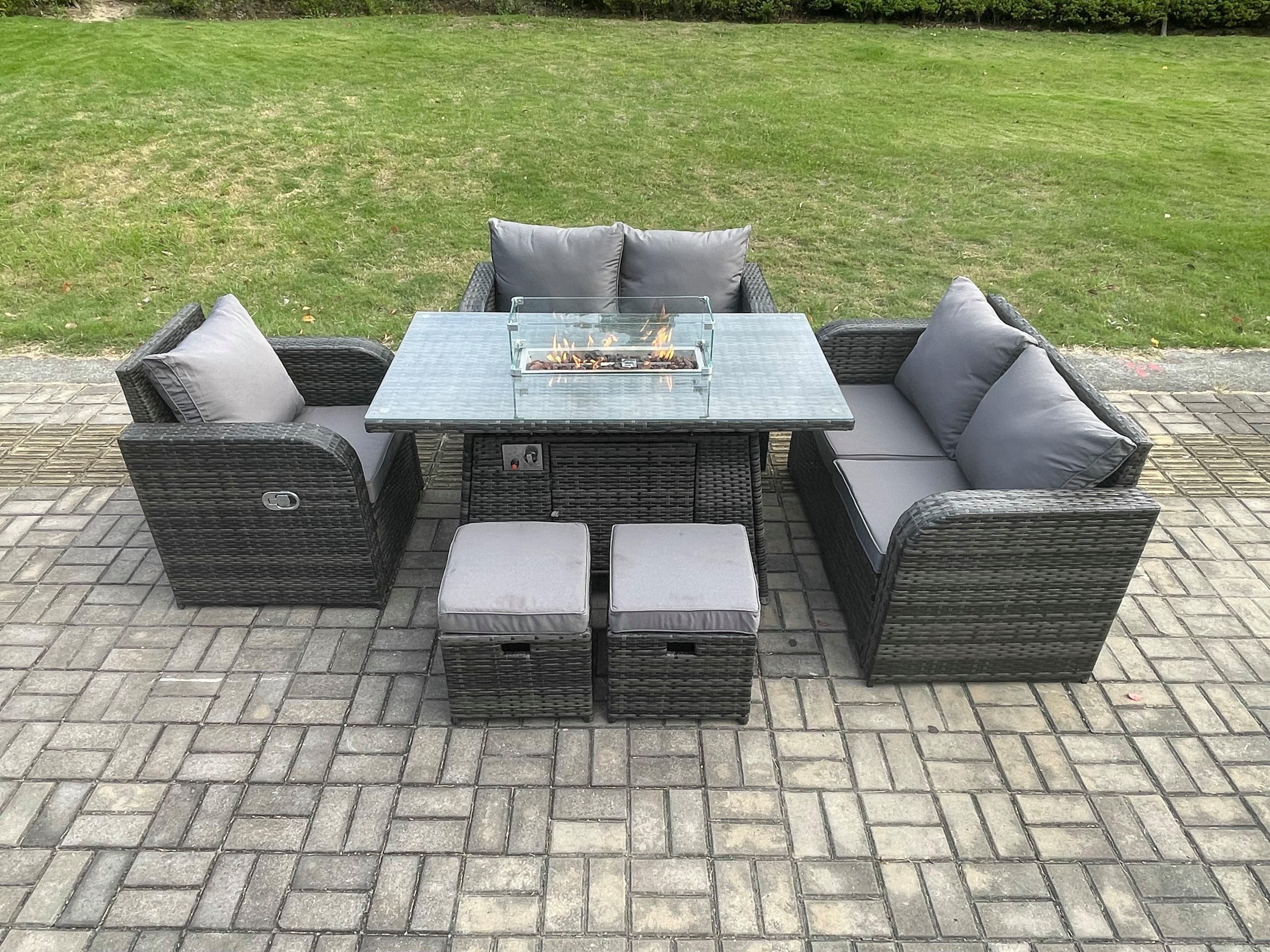 Rattan Garden Furniture Set Gas Fire Pit Dining Table Reclining Chair 2 Small Footstools Indoor Outdoor 6 piece Loveseat Sofa set