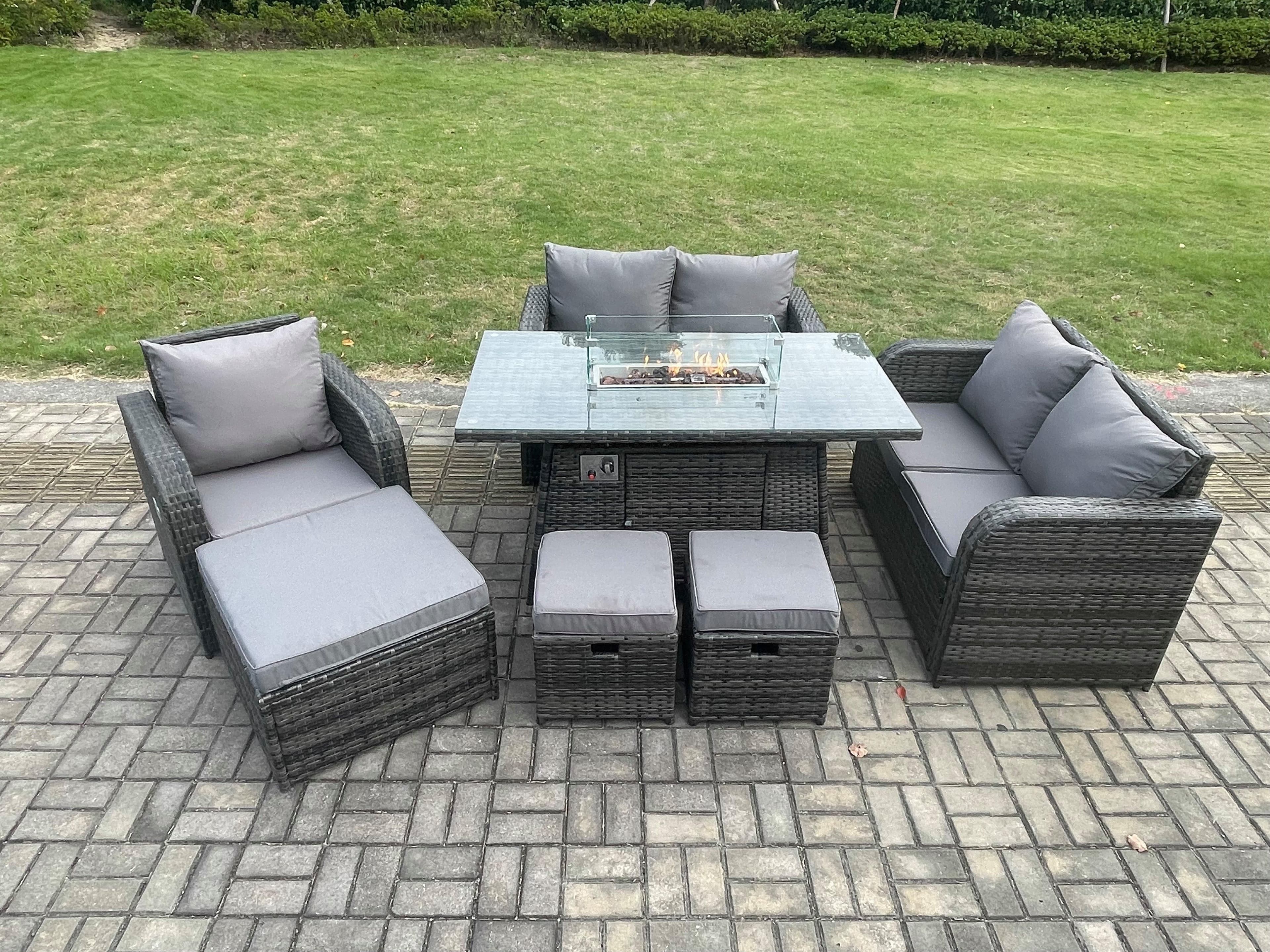 Outdoor Sofa Rattan Garden Furniture Set Patio Gas Fire Pit Dining Table Reclining Chair set 3 Footstools Dark Grey Mixed