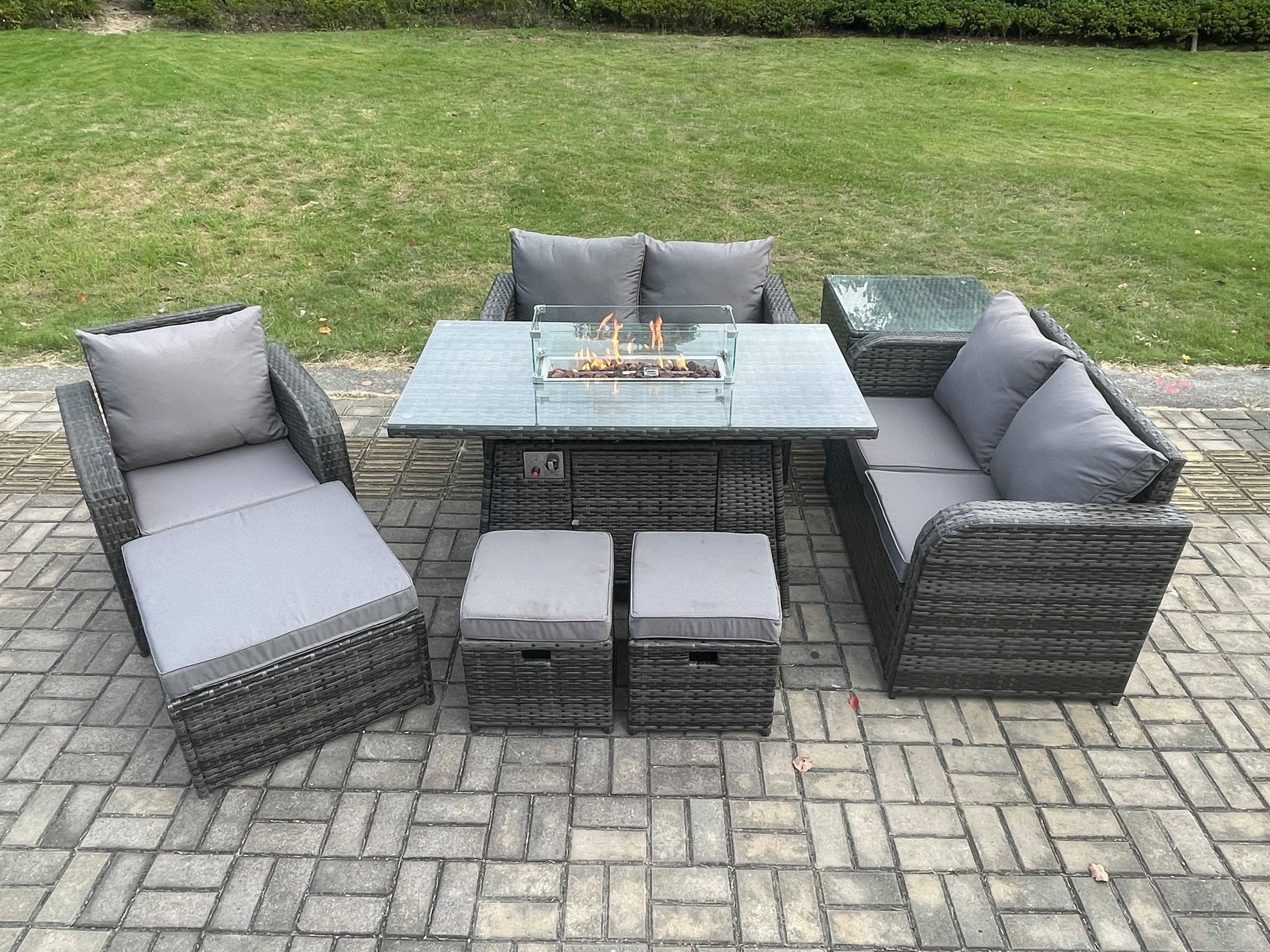 Outdoor Sofa Rattan Garden Furniture Set Patio Gas Fire Pit Dining Table Reclining Chair set Side Table 3 Footstools