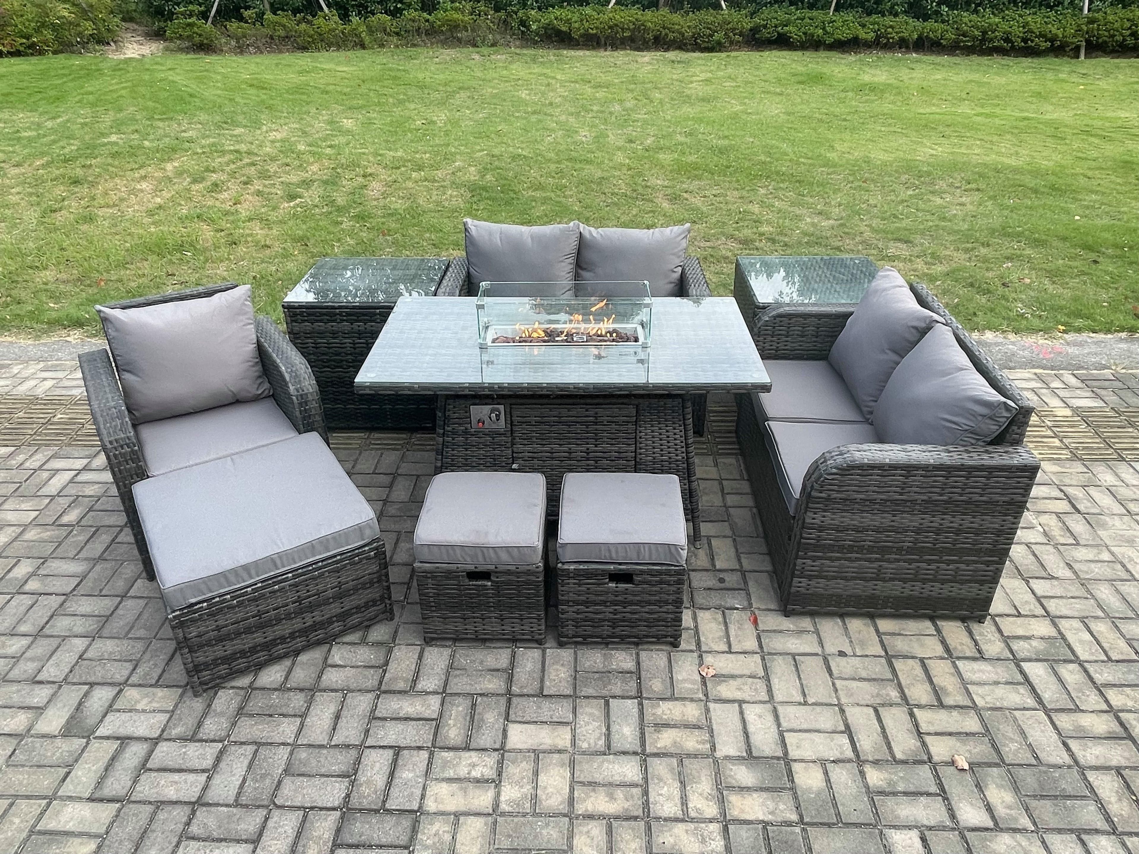 Outdoor Sofa Rattan Garden Furniture Set Patio Gas Fire Pit Dining Table Reclining Chair set 2 Side Tables 3 Footstools