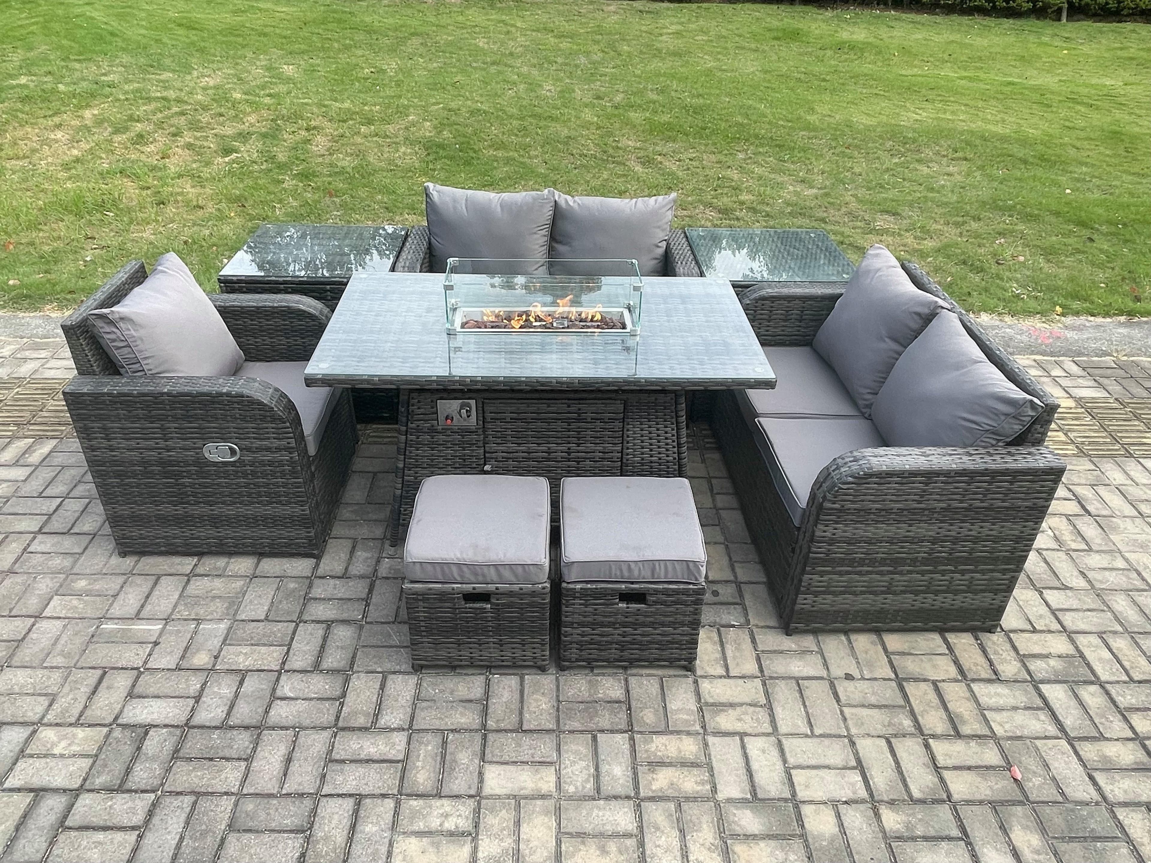 Outdoor Sofa Rattan Garden Furniture Set Patio Gas Fire Pit Dining Table Reclining Chair set 2 Side Tables 2 Small Footstools Dark