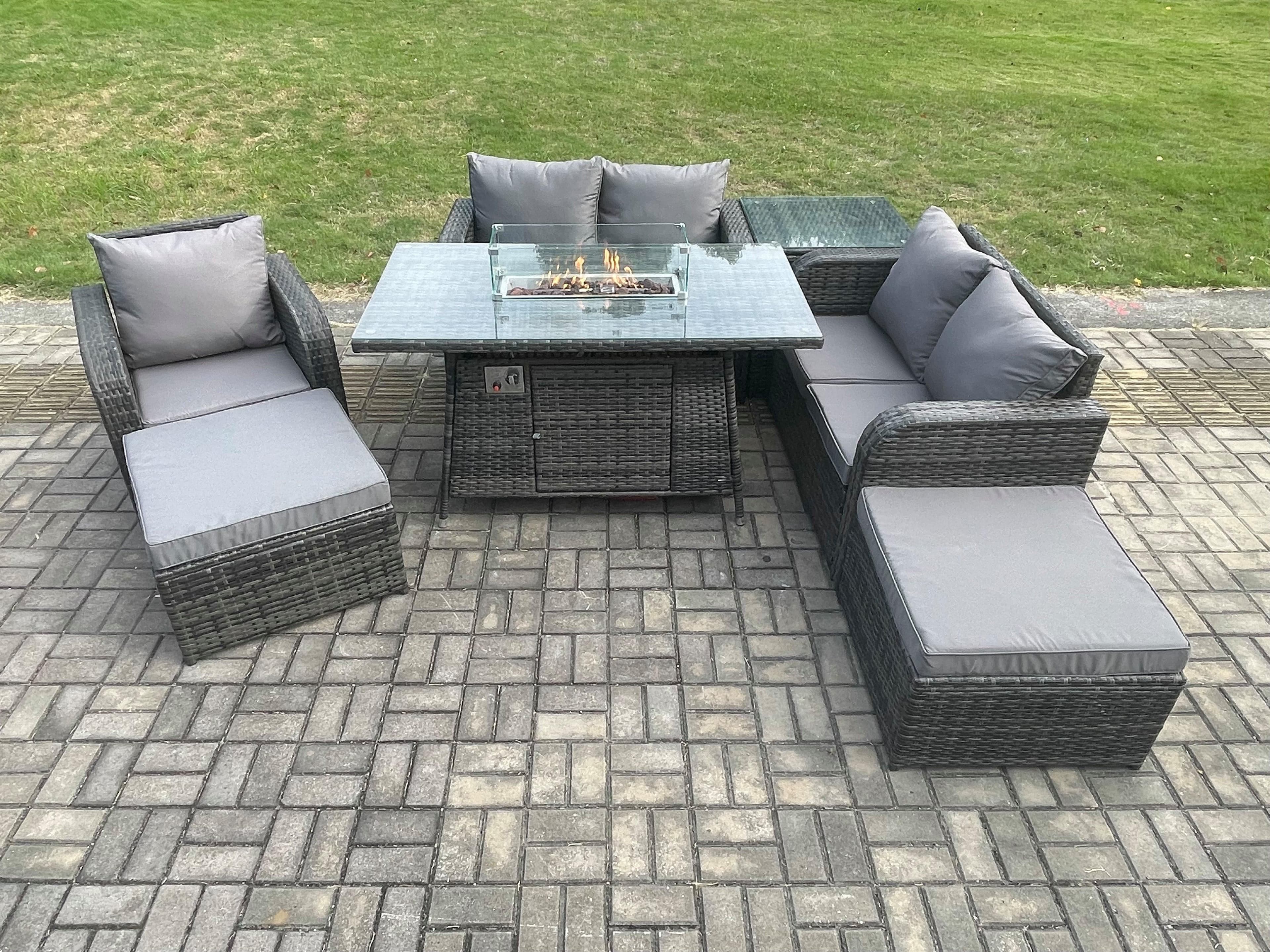Outdoor Sofa Rattan Garden Furniture Set Patio Gas Fire Pit Dining Table Reclining Chair set Side Tables 2 Big Footstool