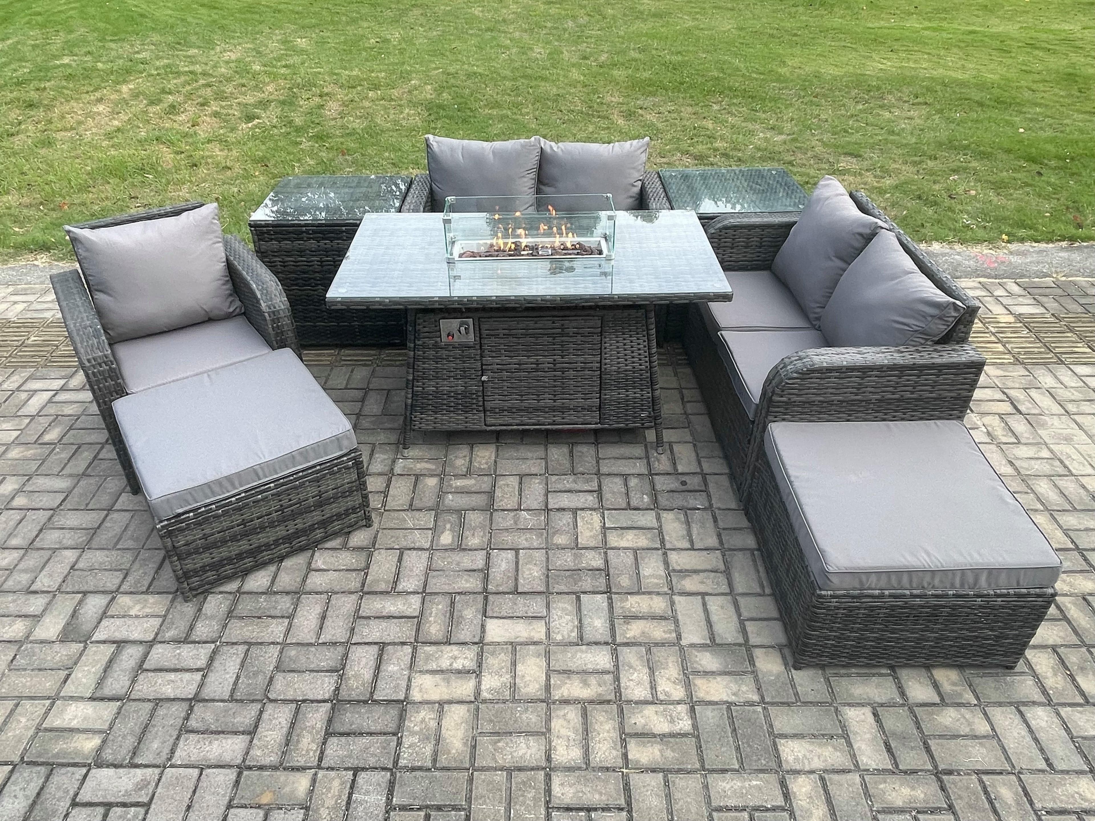 Outdoor Sofa Rattan Garden Furniture Set Patio Gas Fire Pit Dining Table Reclining Chair set 2 Side Tables 2 Big Footstool