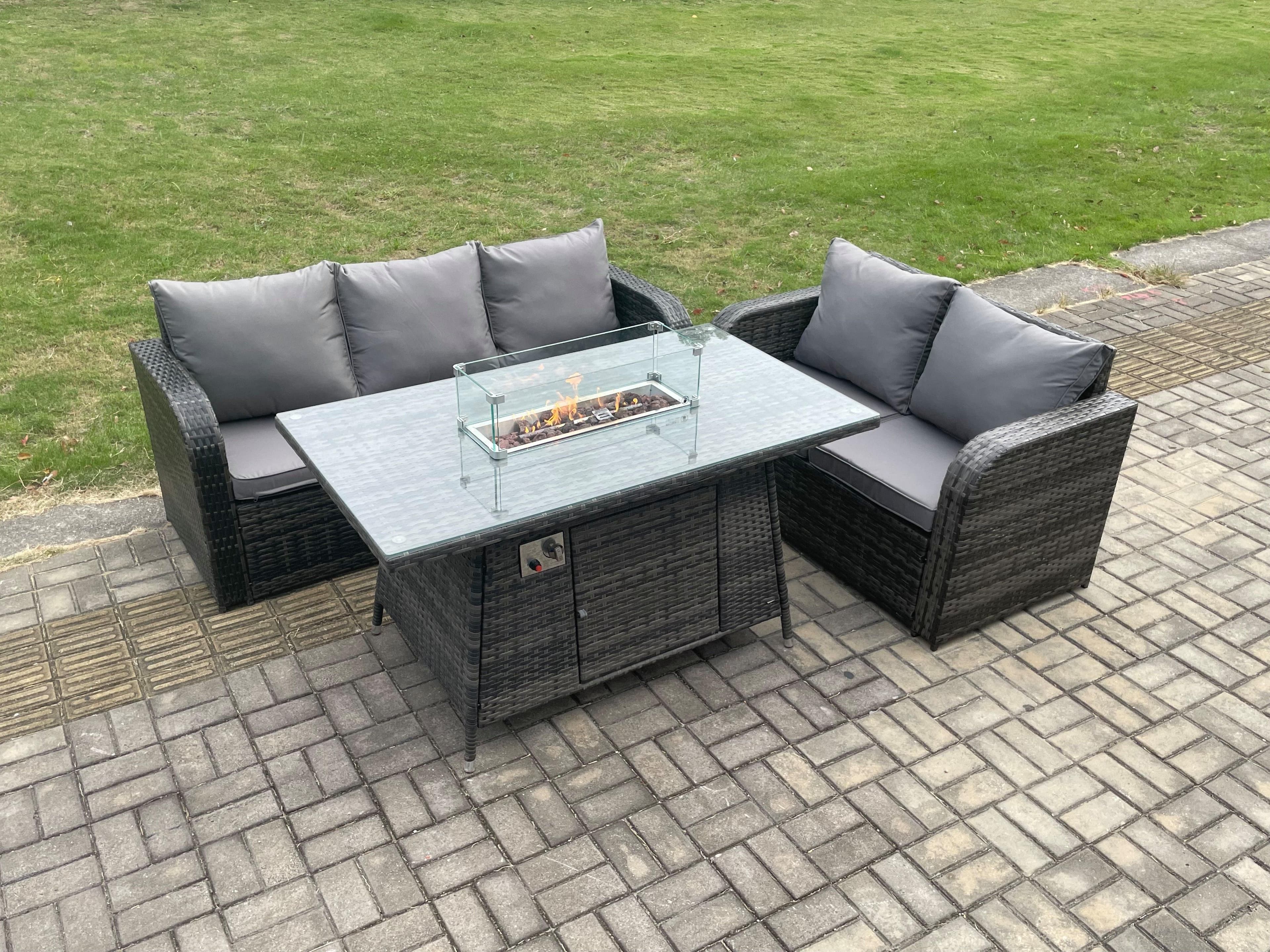 Rattan Garden Furniture Set Gas Fire Pit Table 3 Pieces Outdoor Lounge Sofa Set Dark Grey Mixed