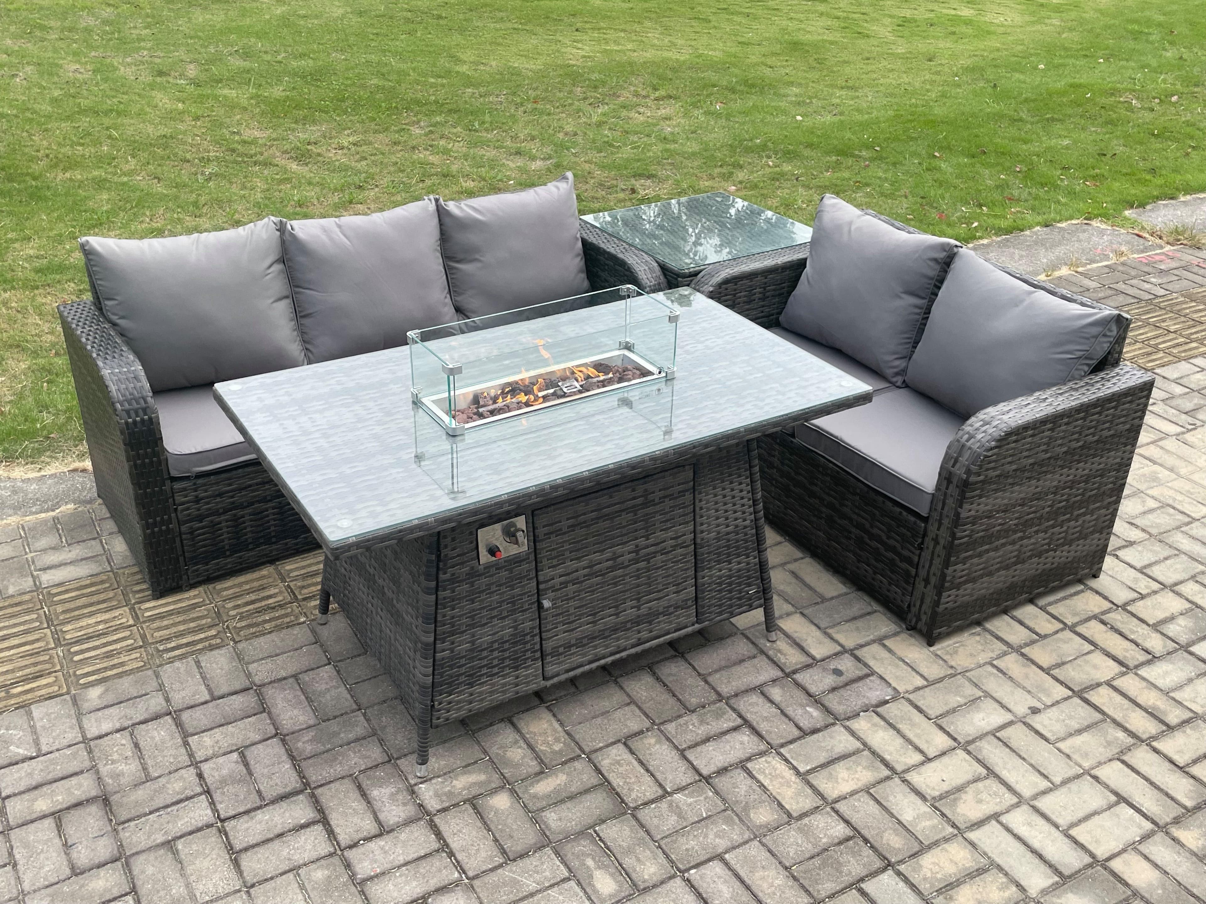 Rattan Garden Furniture Set Gas Fire Pit Table Side Table 4 Pieces Outdoor Lounge Sofa Set Dark Grey Mixed