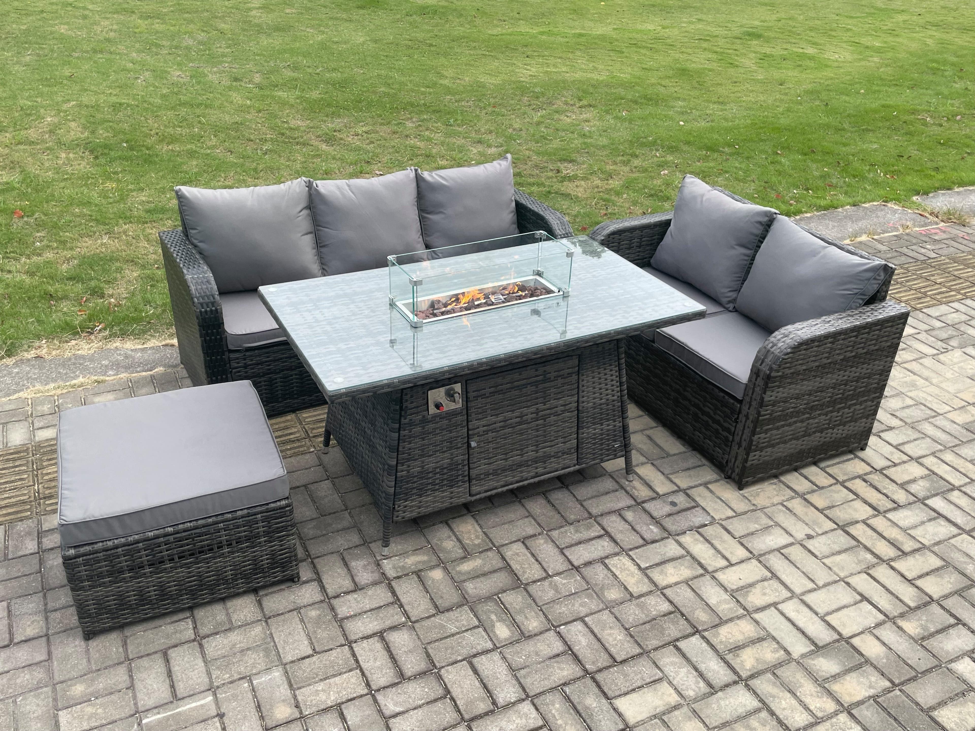 PE Wicker Outdoor Rattan Garden Furniture Set Propane Gas Fire Pit Table Sofa set Big Footstool
