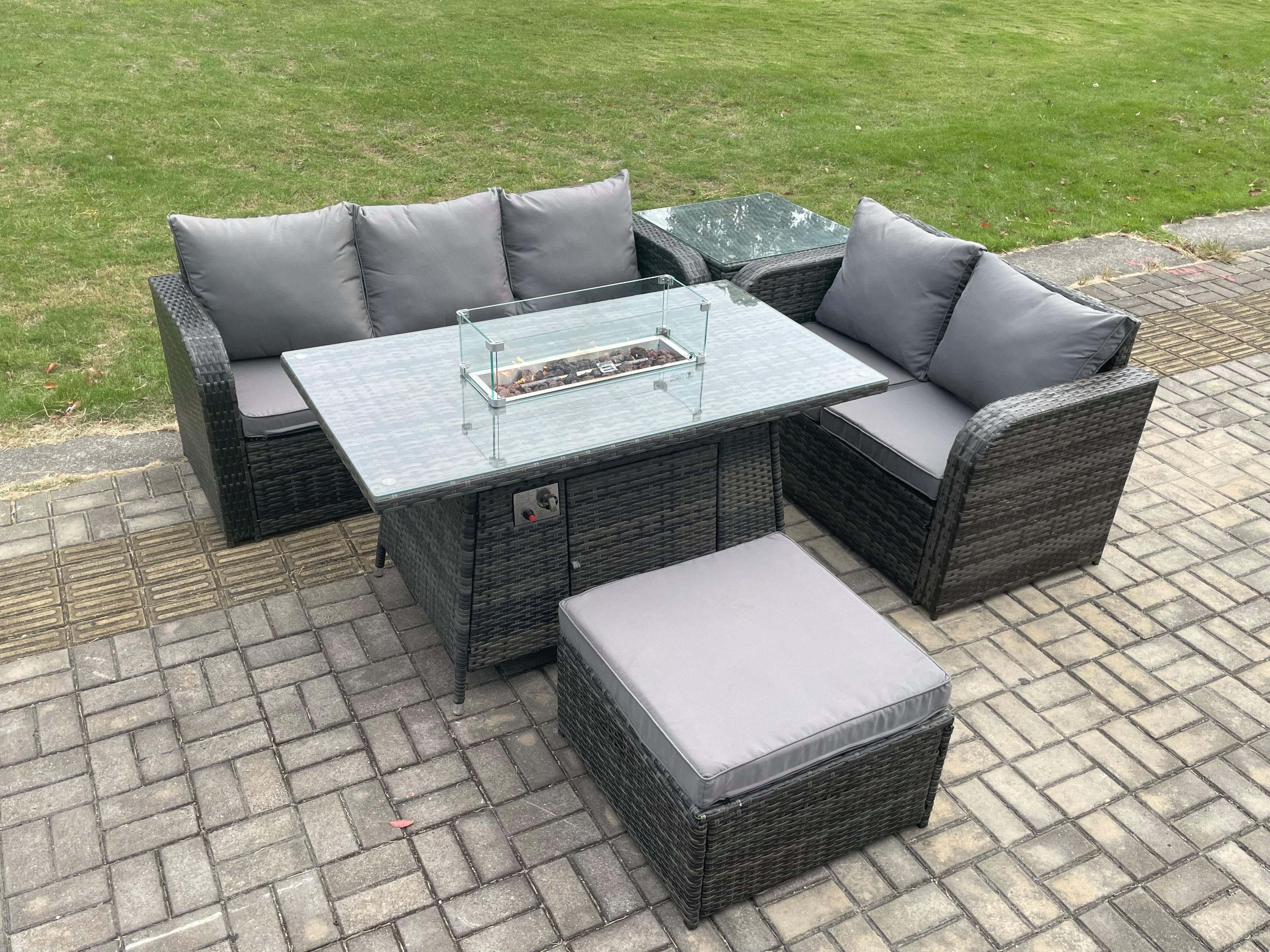 PE Wicker Outdoor Rattan Garden Furniture Set Propane Gas Fire Pit Table Sofa set Side Table Big Footstool