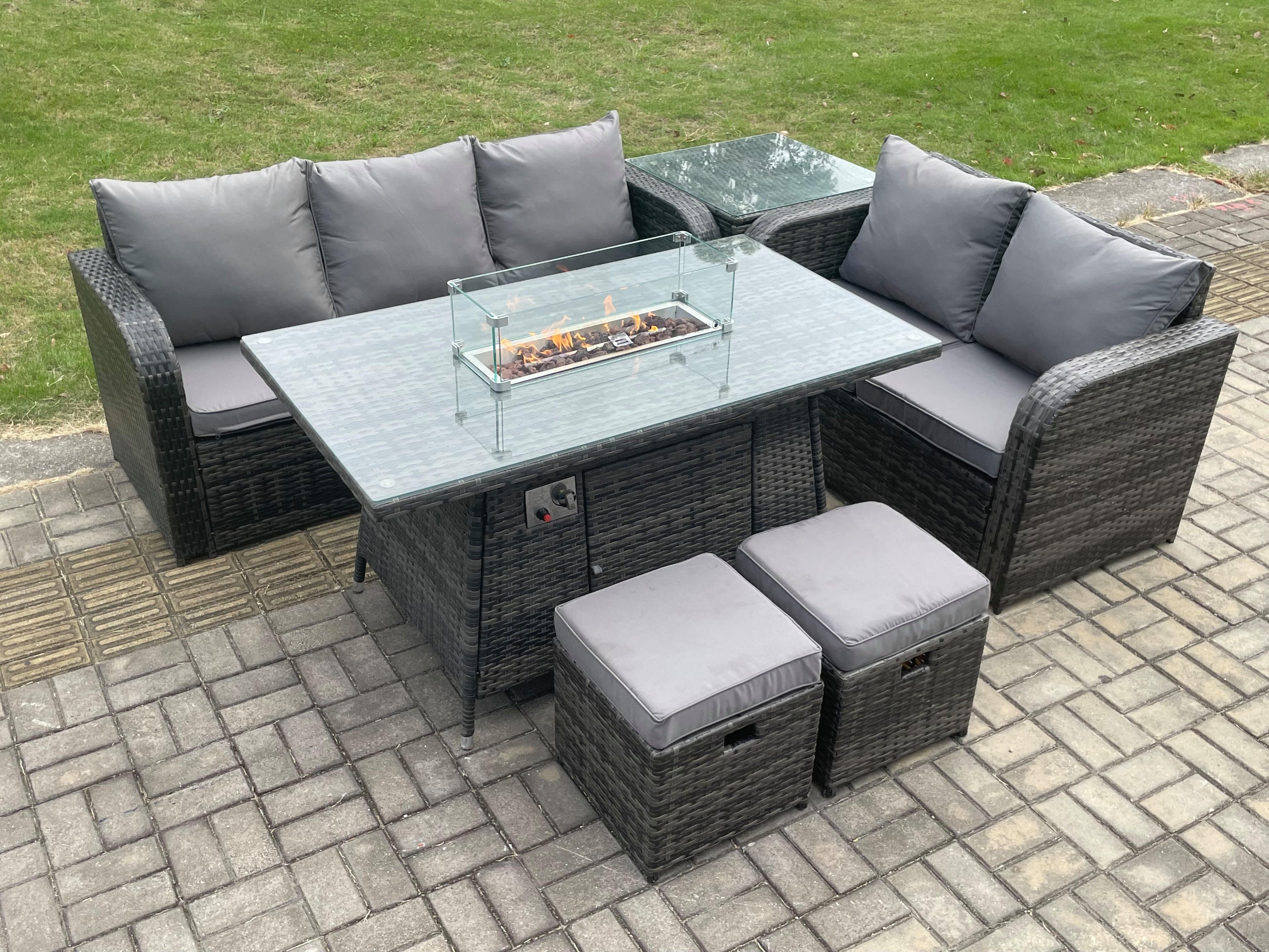 PE Wicker Outdoor Rattan Garden Furniture Set Propane Gas Fire Pit Table Sofa set Side Table 2 Small Footstools