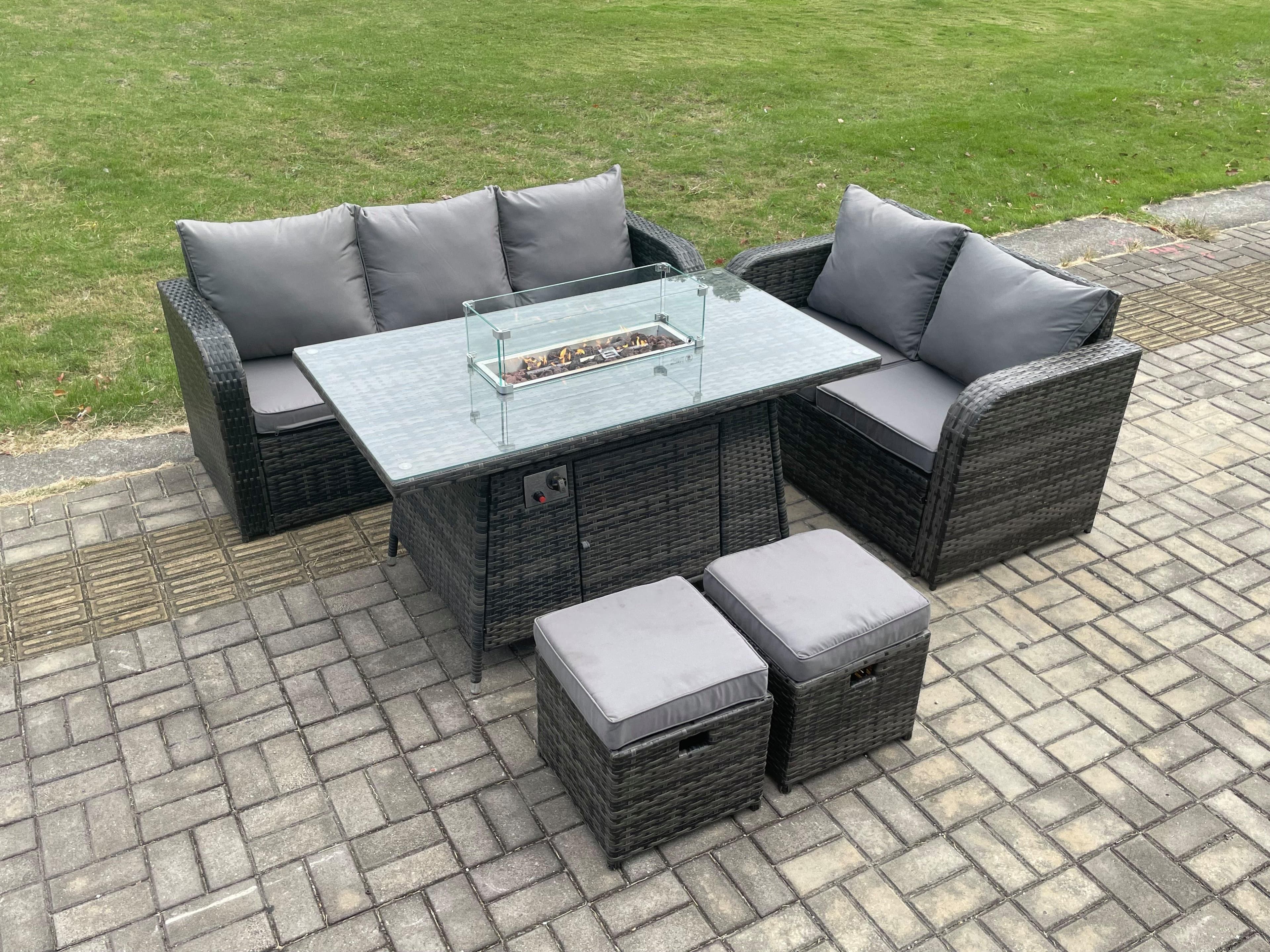 PE Wicker Outdoor Rattan Garden Furniture Set Propane Gas Fire Pit Table Sofa set 2 Small Footstools