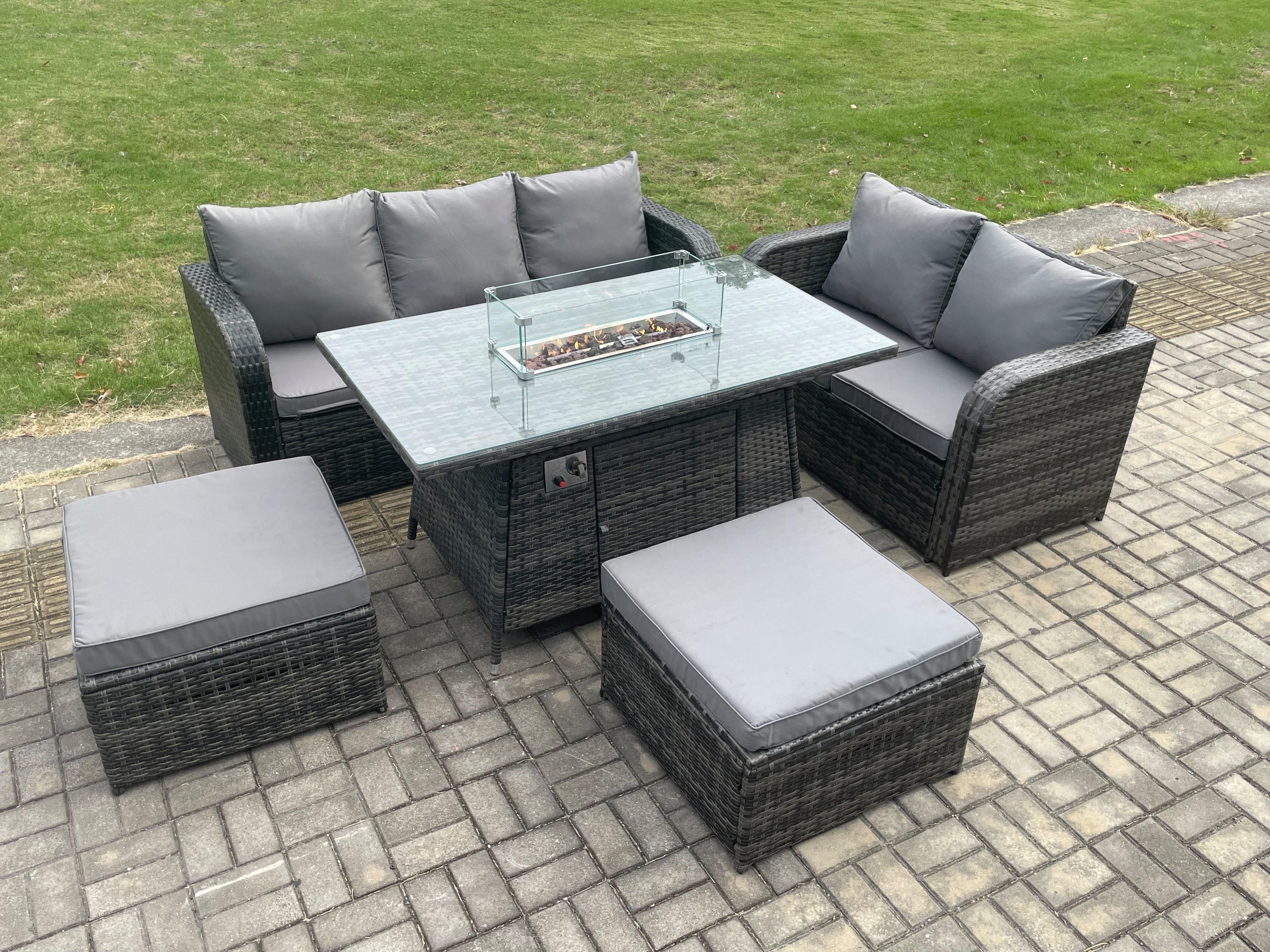 PE Wicker Outdoor Rattan Garden Furniture Set Propane Gas Fire Pit Table Sofa set 2 Big Footstool