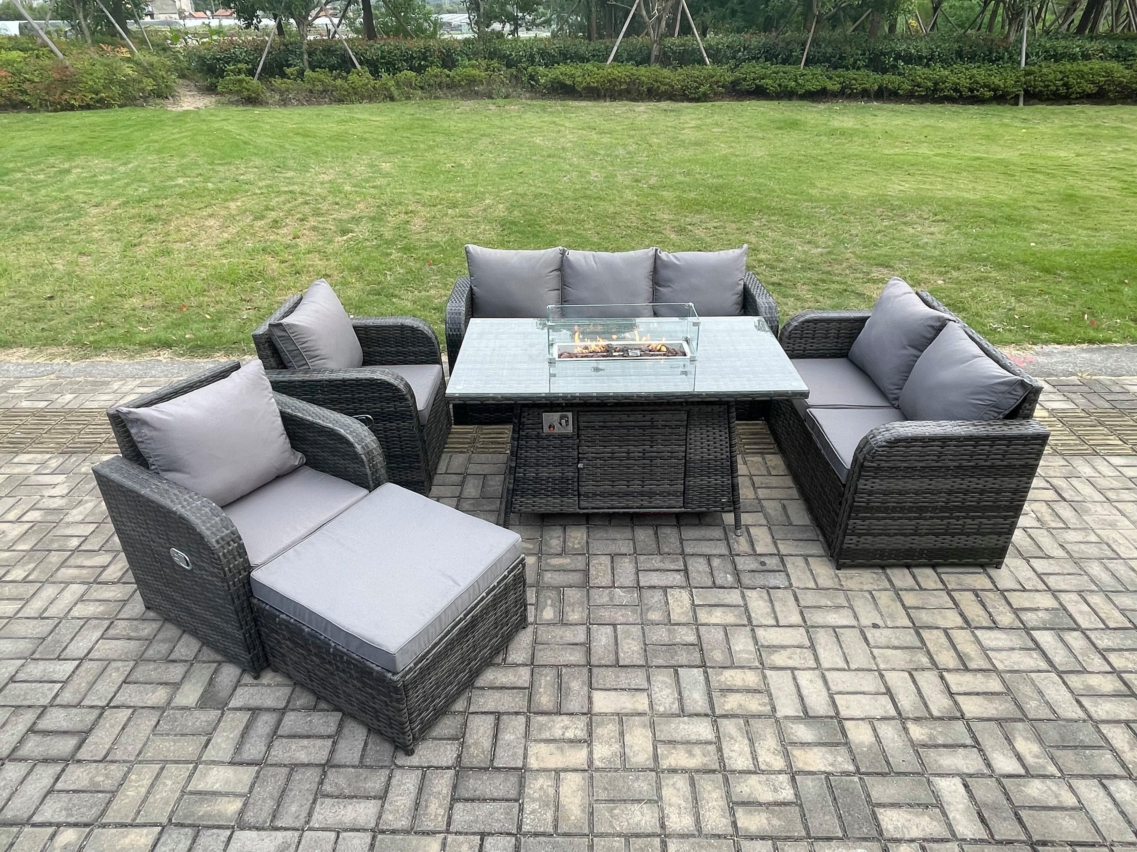 PE Wicker Outdoor Rattan Garden Furniture Set Propane Gas Fire Pit Table Sofa Chair set Big Footstool