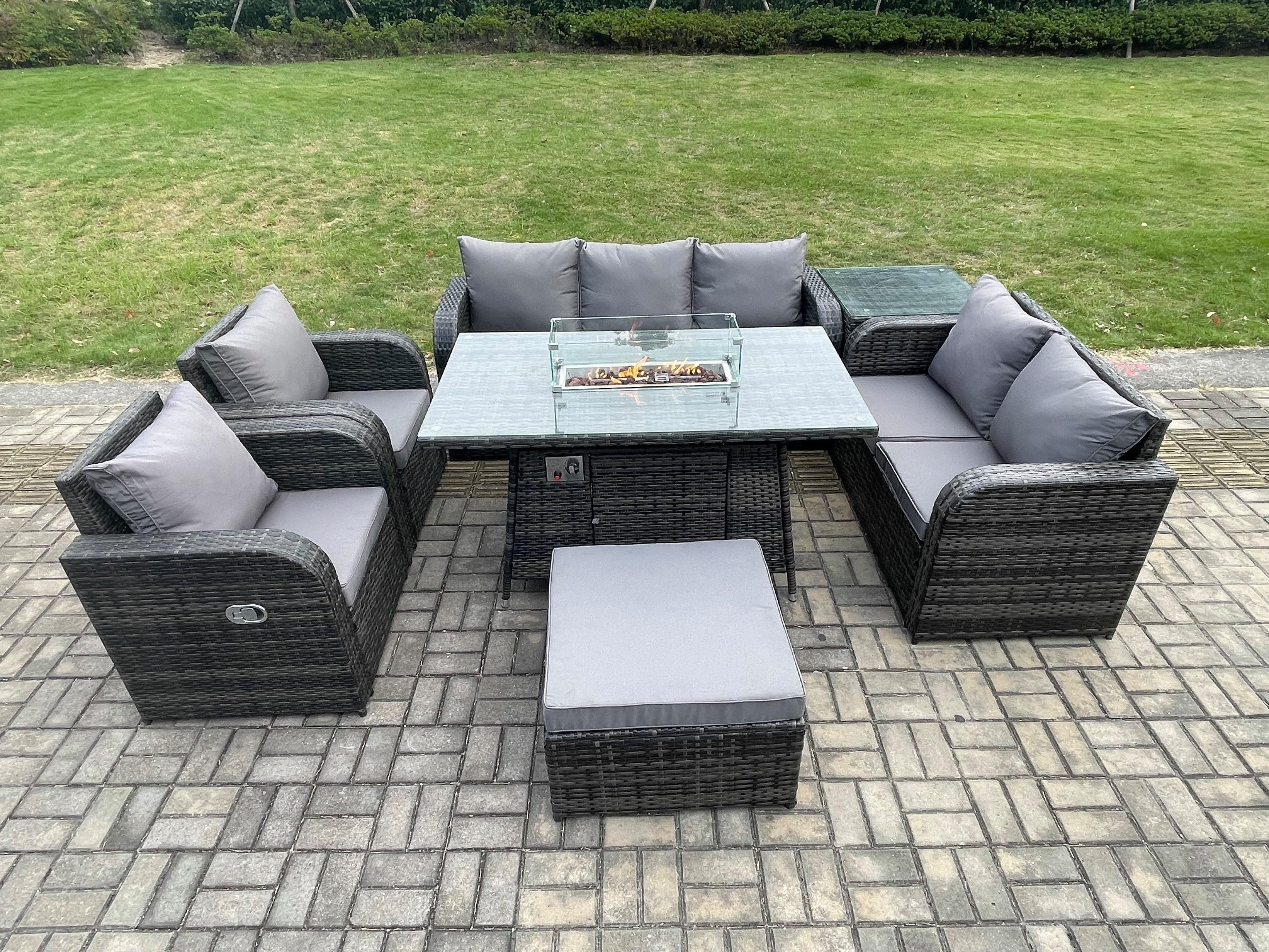 PE Wicker Outdoor Rattan Garden Furniture Set Propane Gas Fire Pit Table Sofa Chair set Side Table Big Footstool