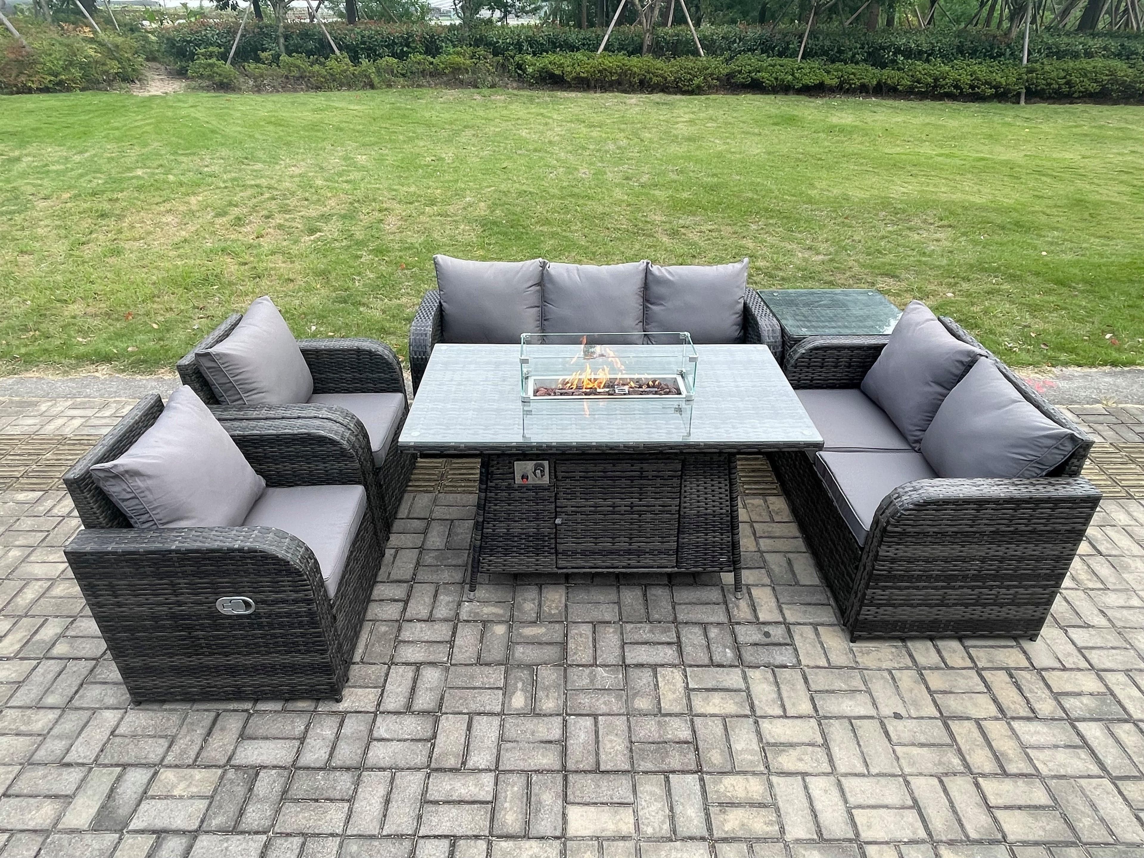 PE Wicker Outdoor Rattan Garden Furniture Set Propane Gas Fire Pit Table Sofa Chair set Side Table 7 Seater
